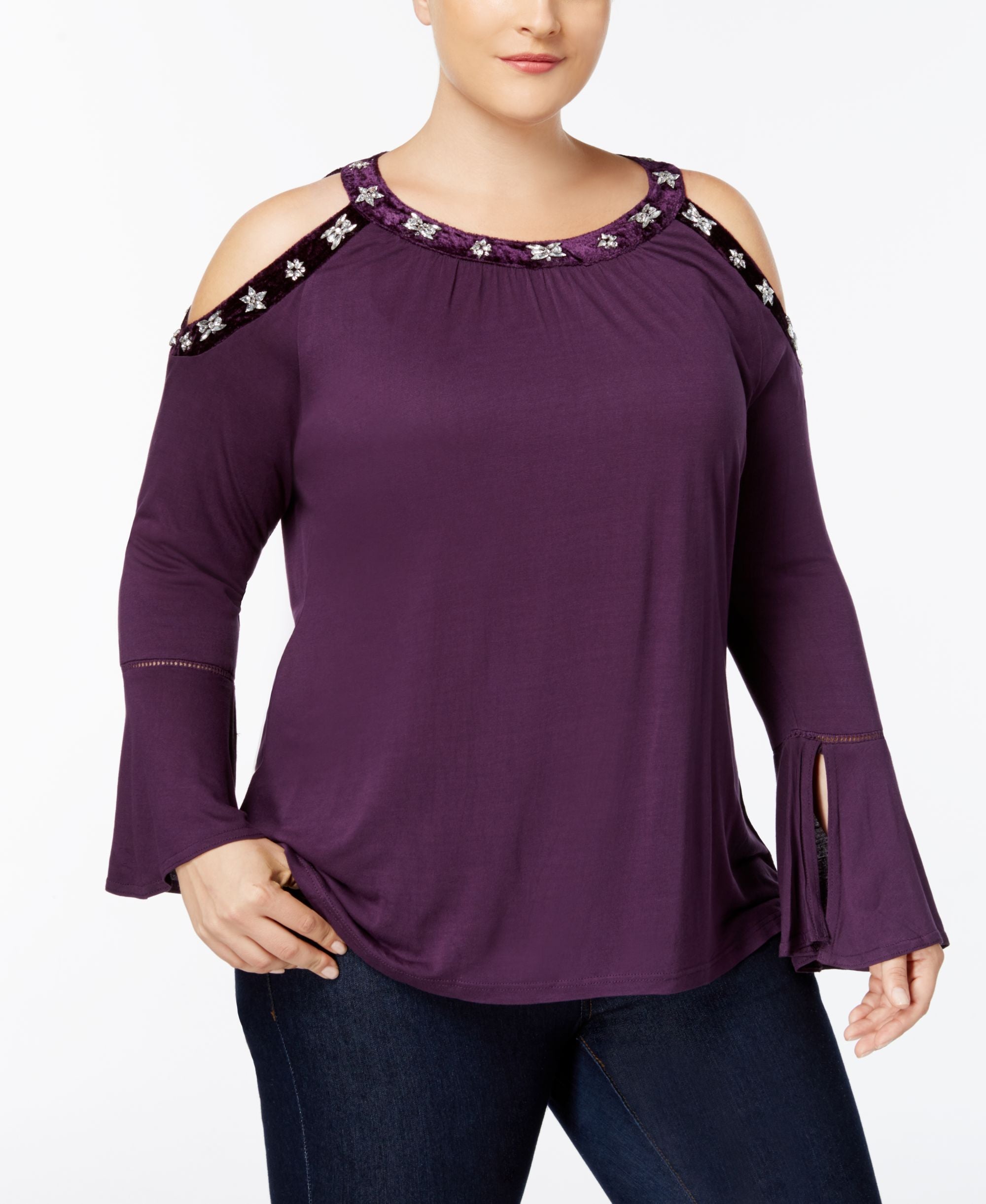 Plus Size Velvet Trim Cold Shoulder Top