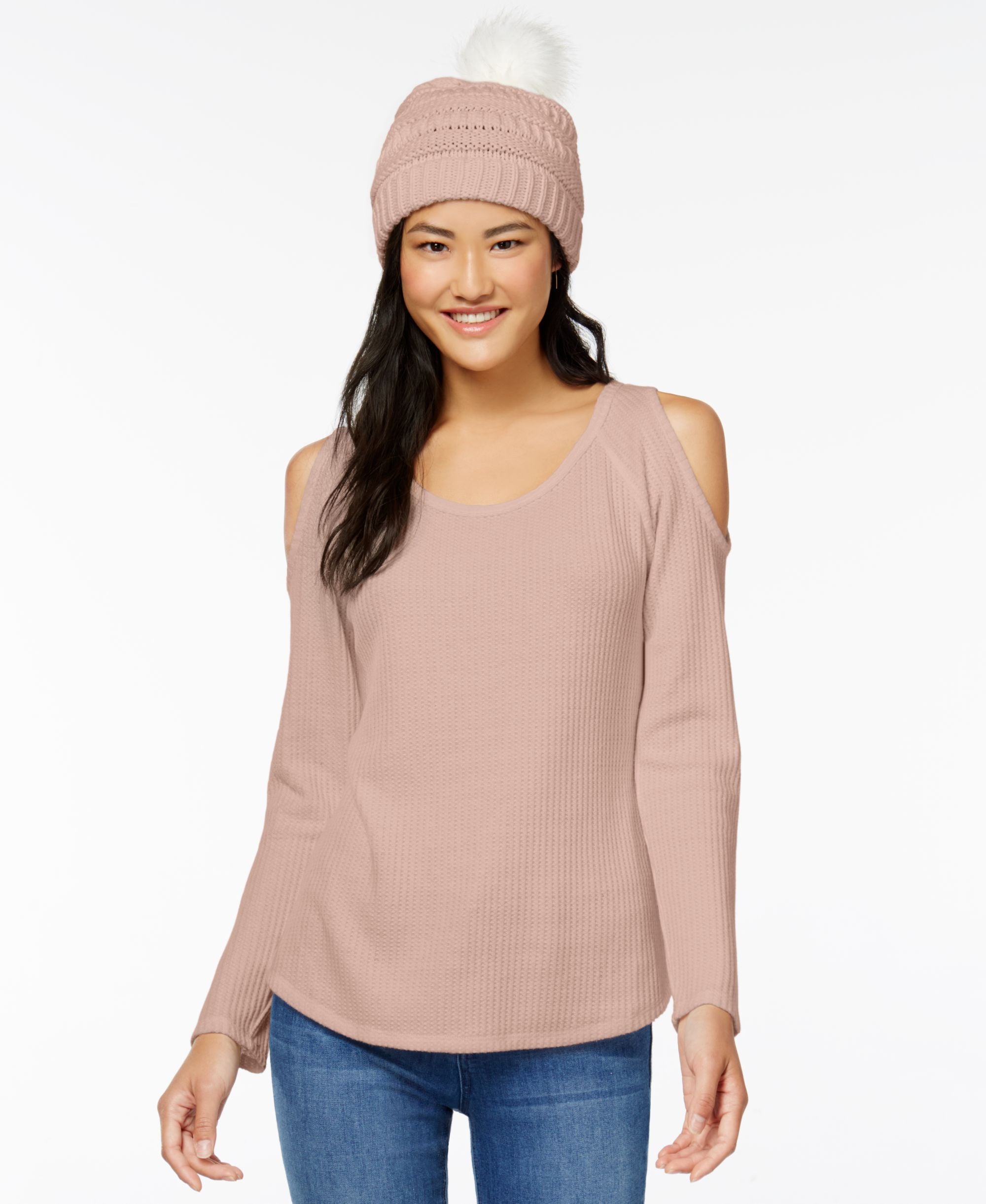 Juniors' Waffle-Knit Cold-Shoulder Top & Faux Fur-Trimmed Beanie