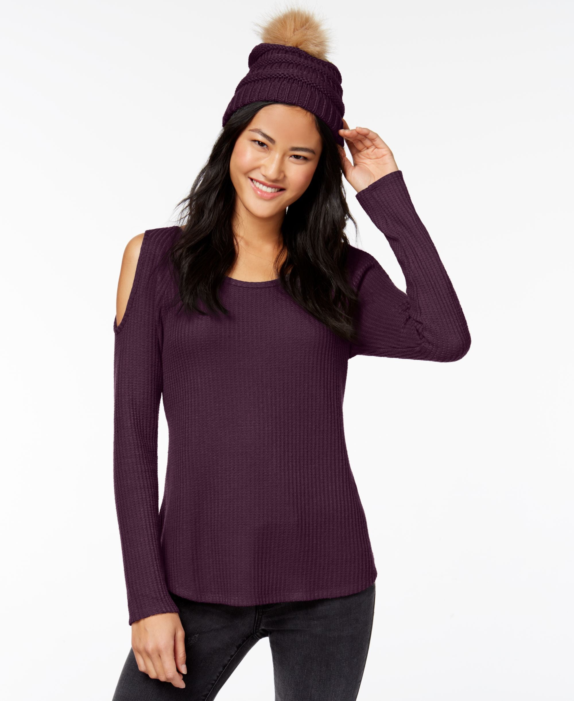 Juniors' Waffle-Knit Cold-Shoulder Top & Faux Fur-Trimmed Beanie