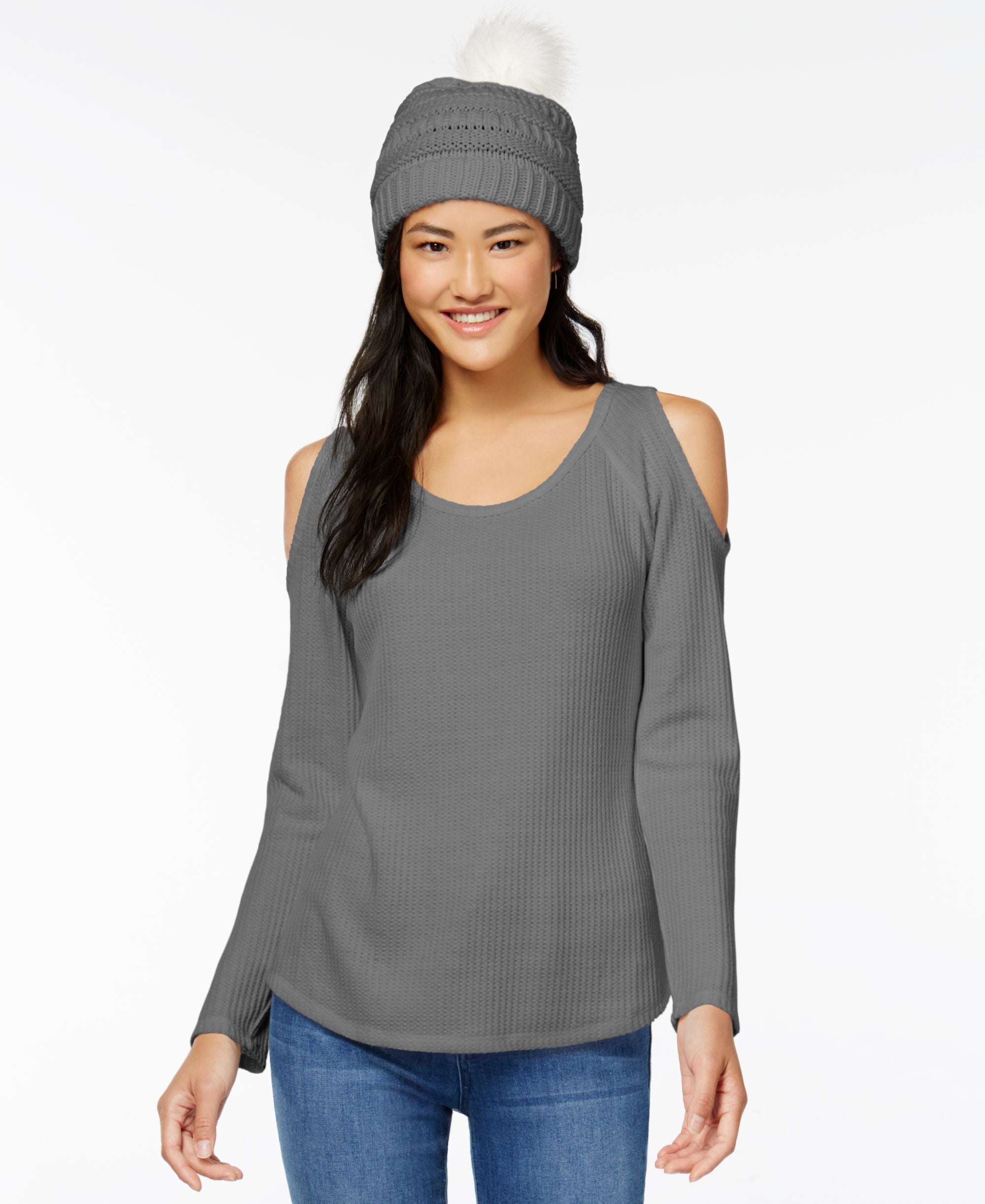 Juniors' Waffle-Knit Cold-Shoulder Top & Faux Fur-Trimmed Beanie