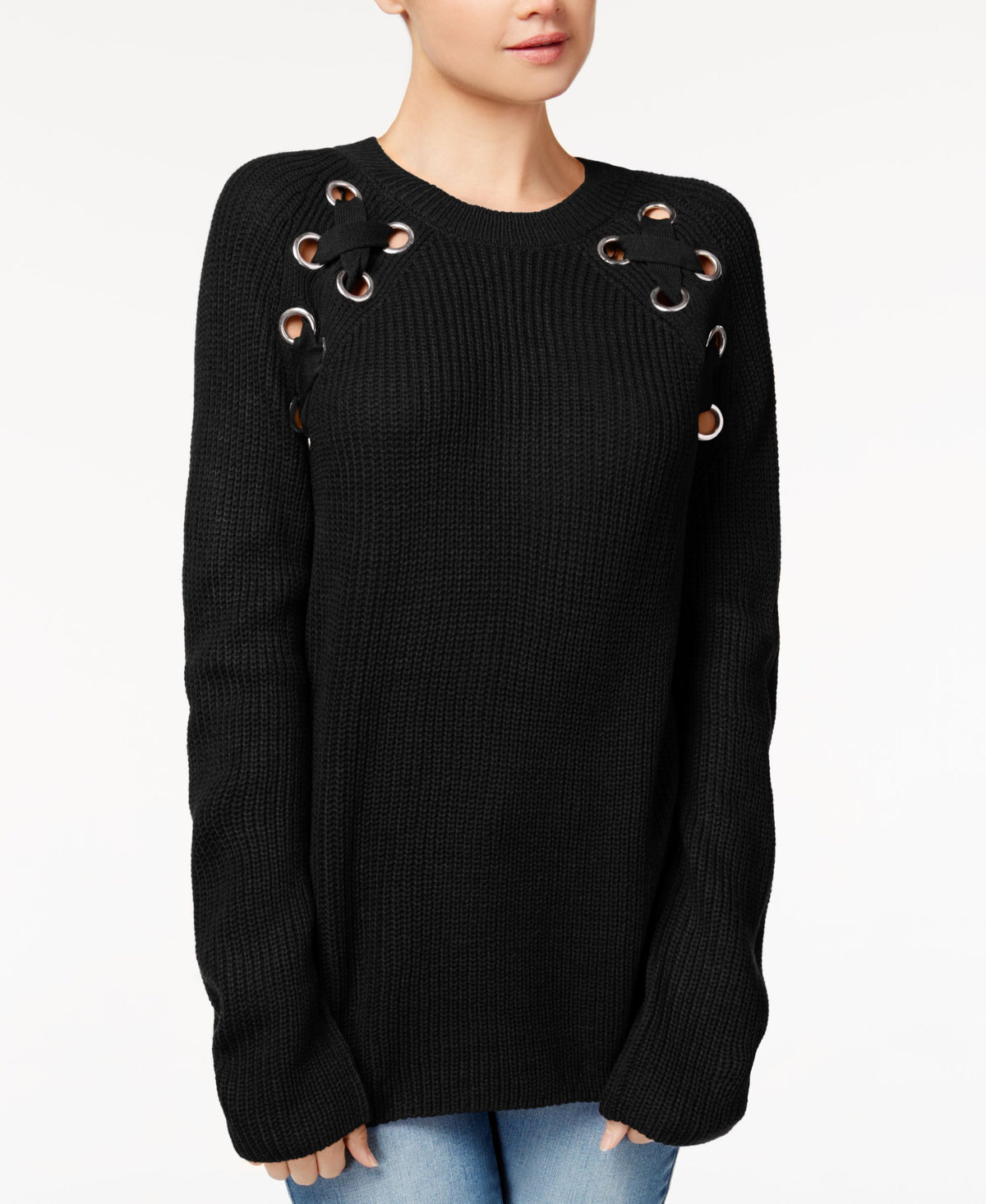 Freshman Juniors' Lace-Up-Shoulder Sweater