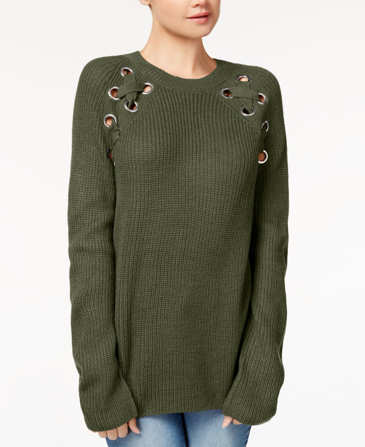 Freshman Juniors' Lace-Up-Shoulder Sweater