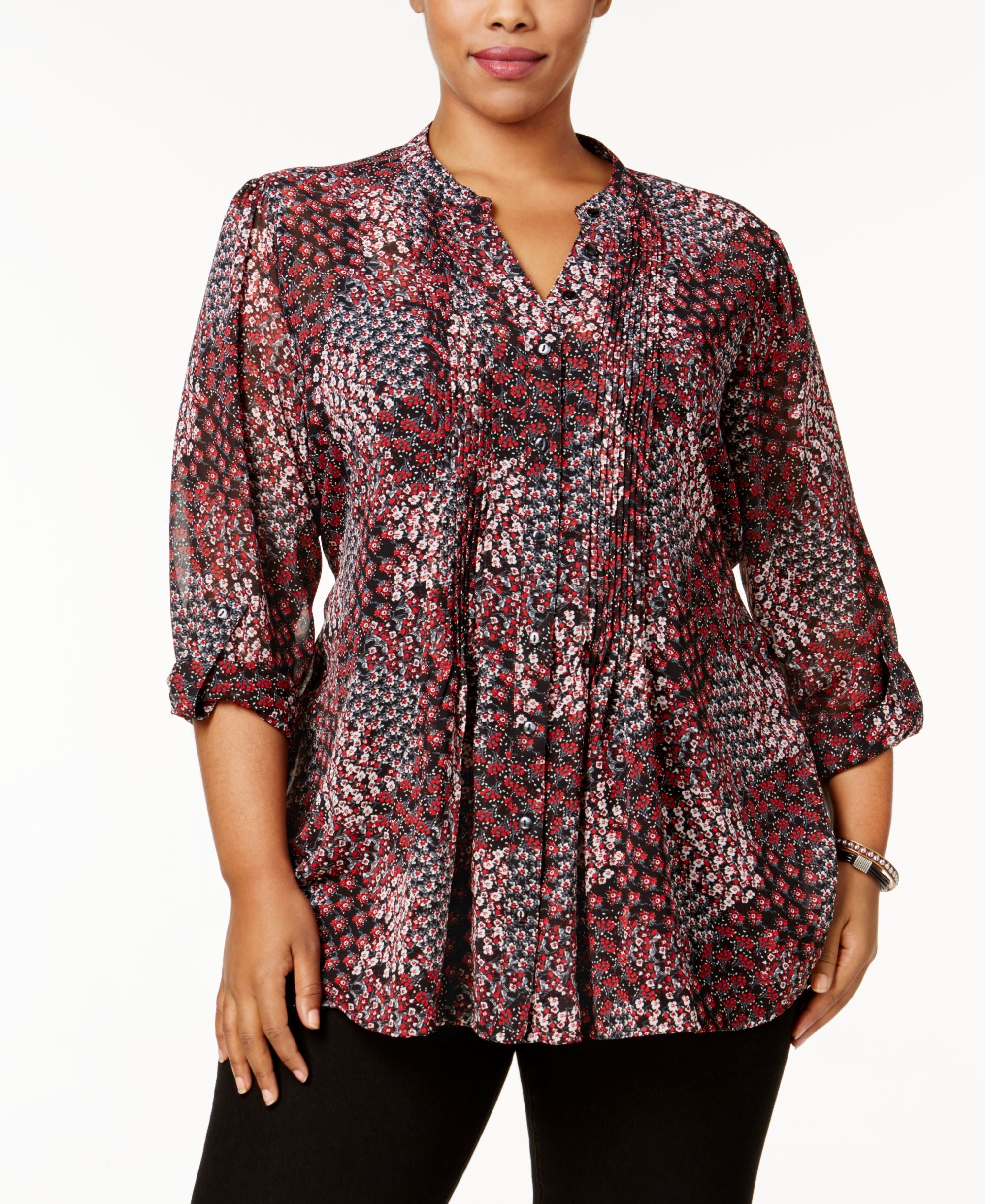 Style & Co Plus Size Printed Pintucked Blouse
