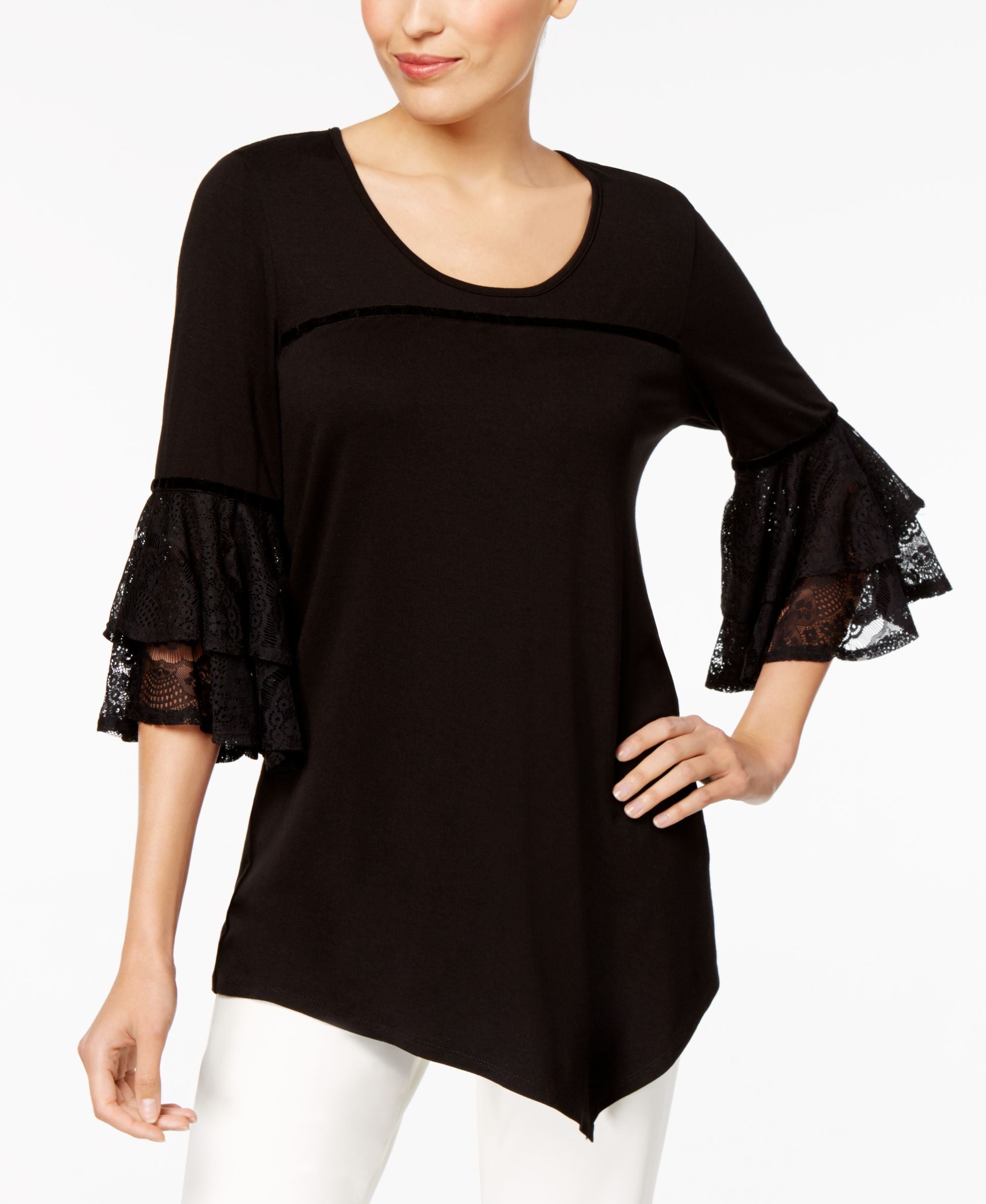 Lace-Cuff Asymmetrical-Hem Top