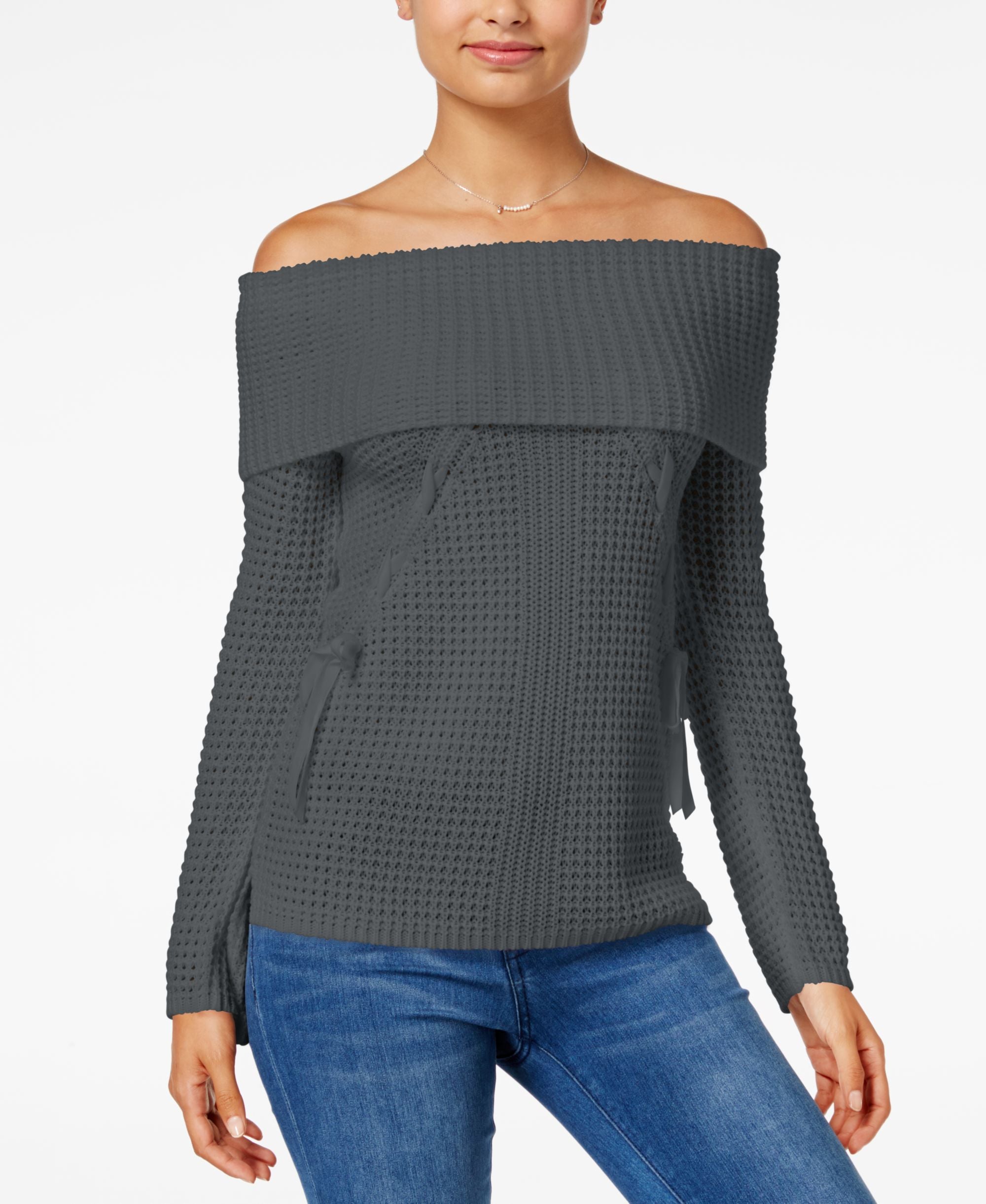 Juniors' Lace-Up Off-The-Shoulder Sweater