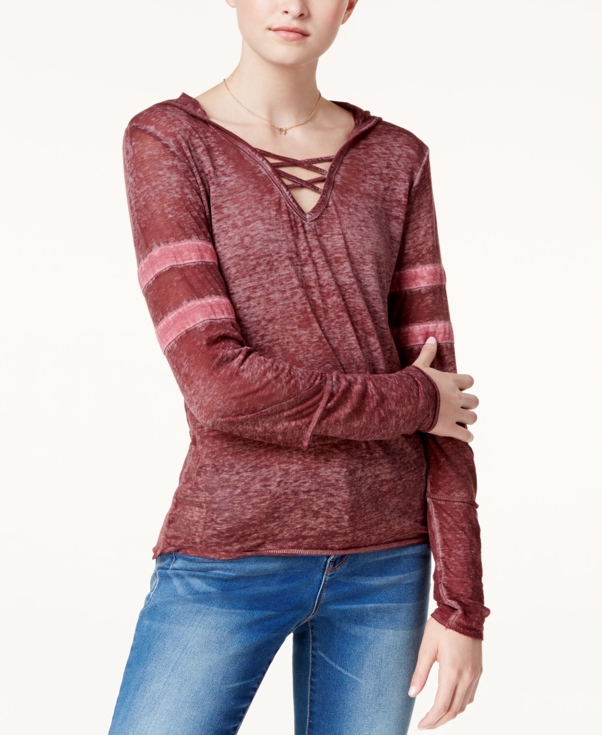 Juniors' Burnout Crisscross-Trim Hoodie