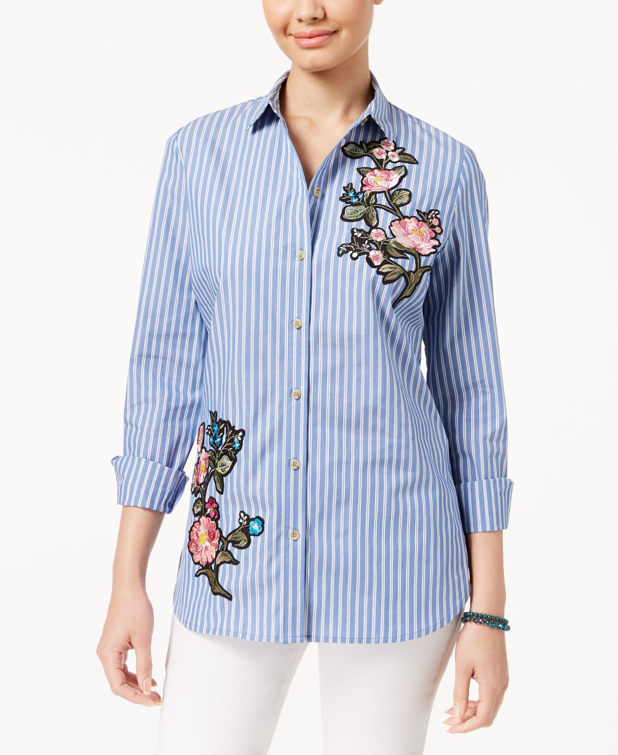 Juniors' Floral-Embroidered Striped Shirt