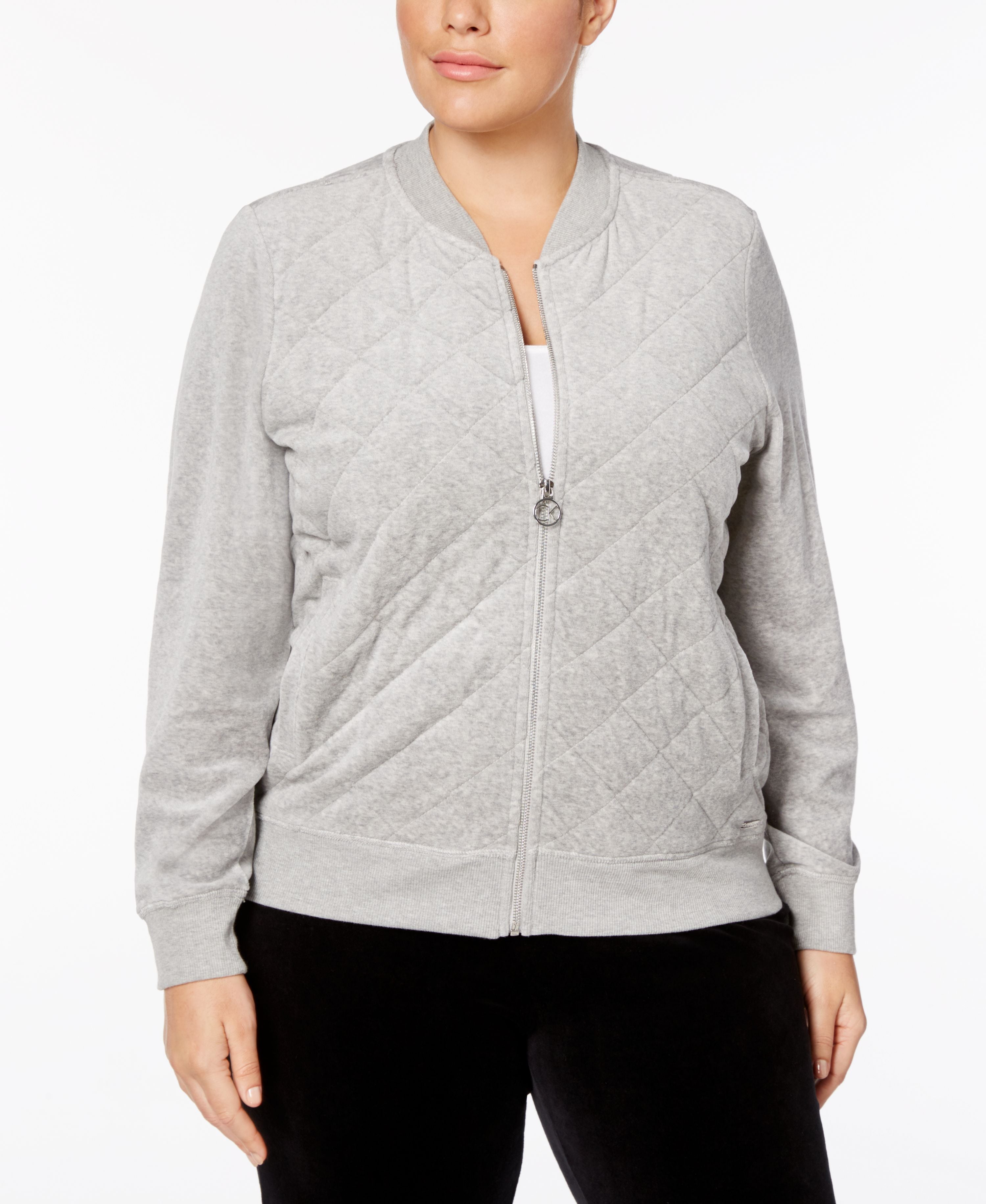 Calvin Klein Plus Size Velour Quilted Bomber Jacket Gray 1X