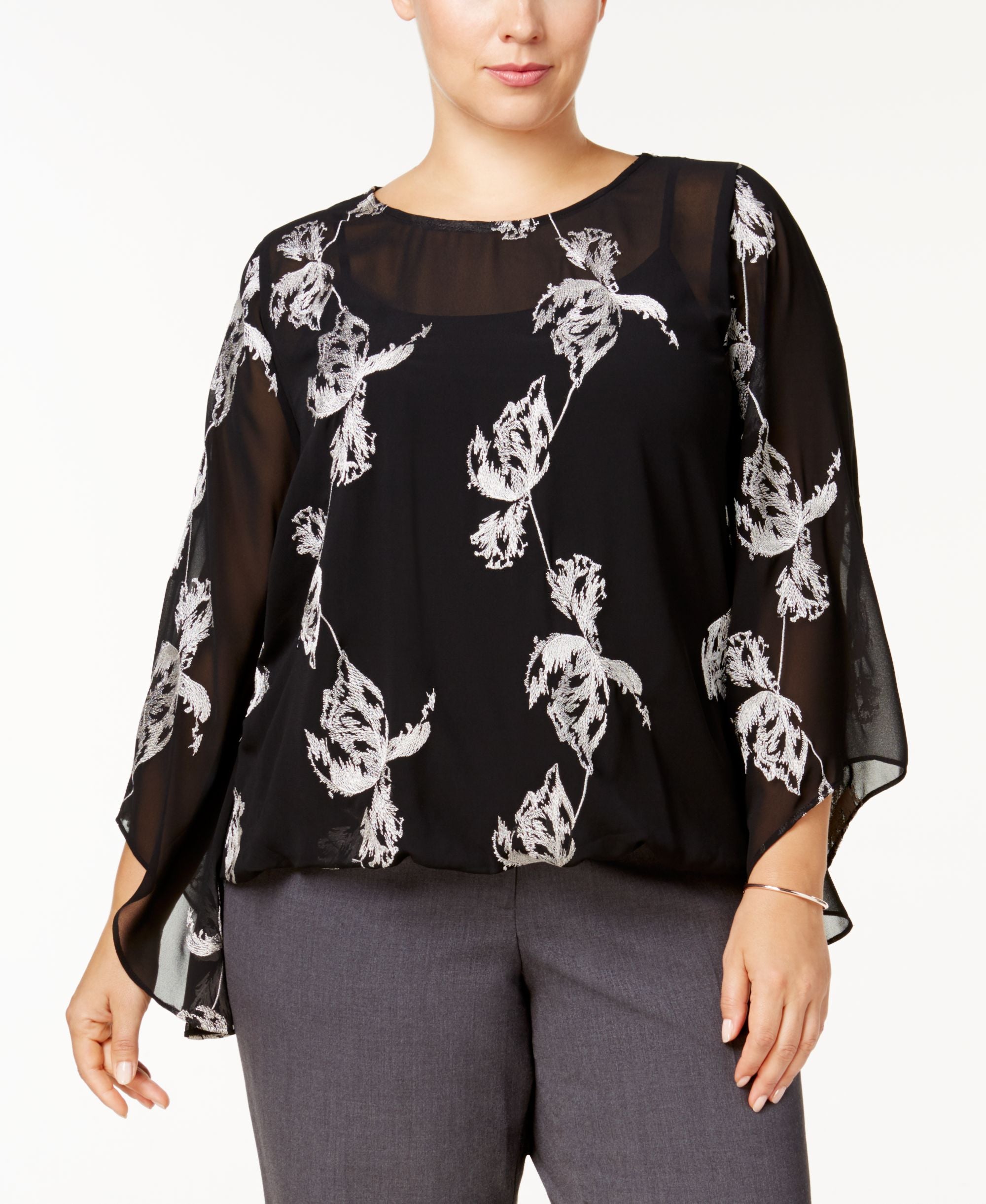 Alfani Plus Size Embroidered Kimono Sleeve Top