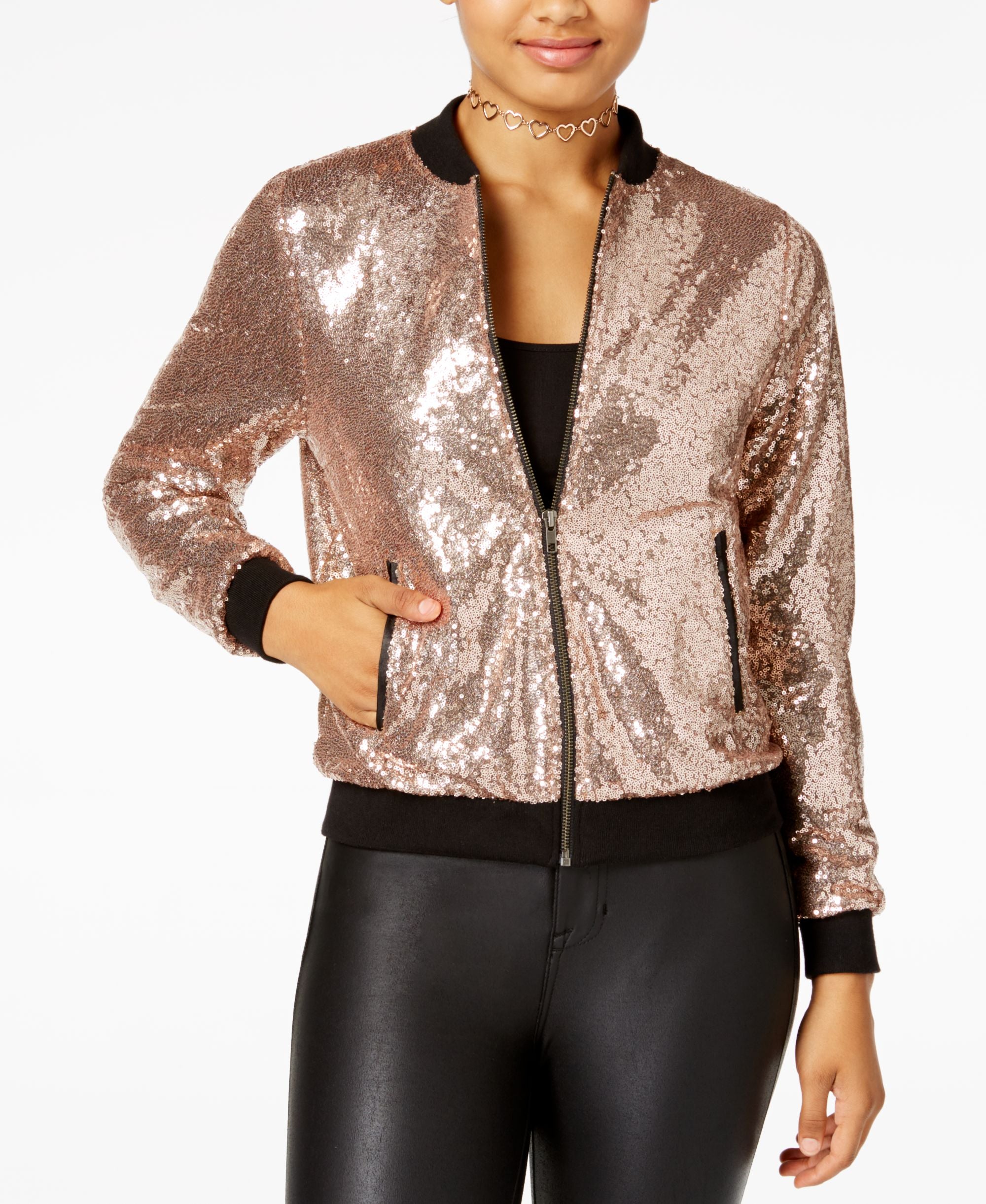 The Edit By Seventeen Juniors Sequined Bomber Jacket
