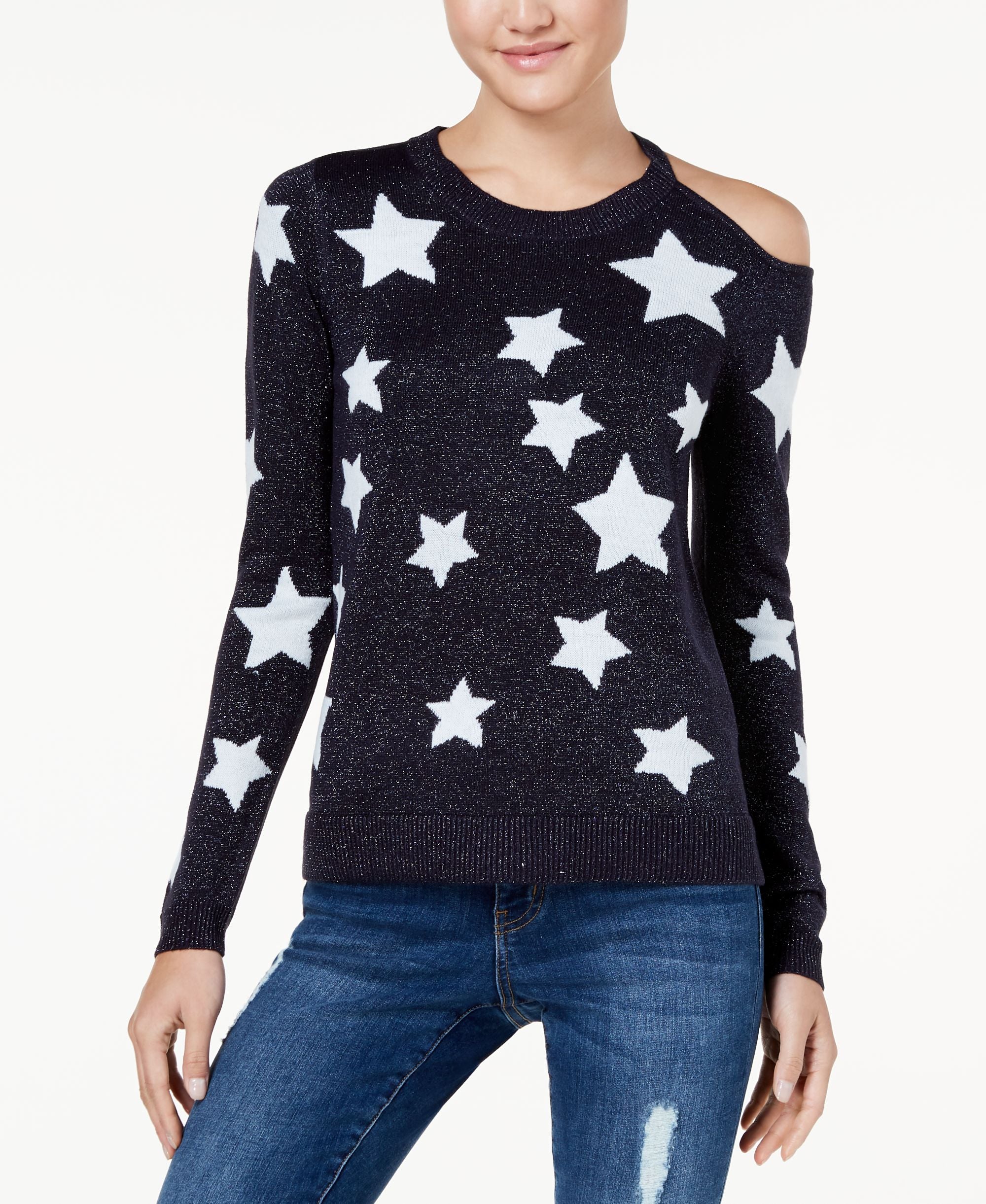 Juniors' Star-Print Metallic Sweater