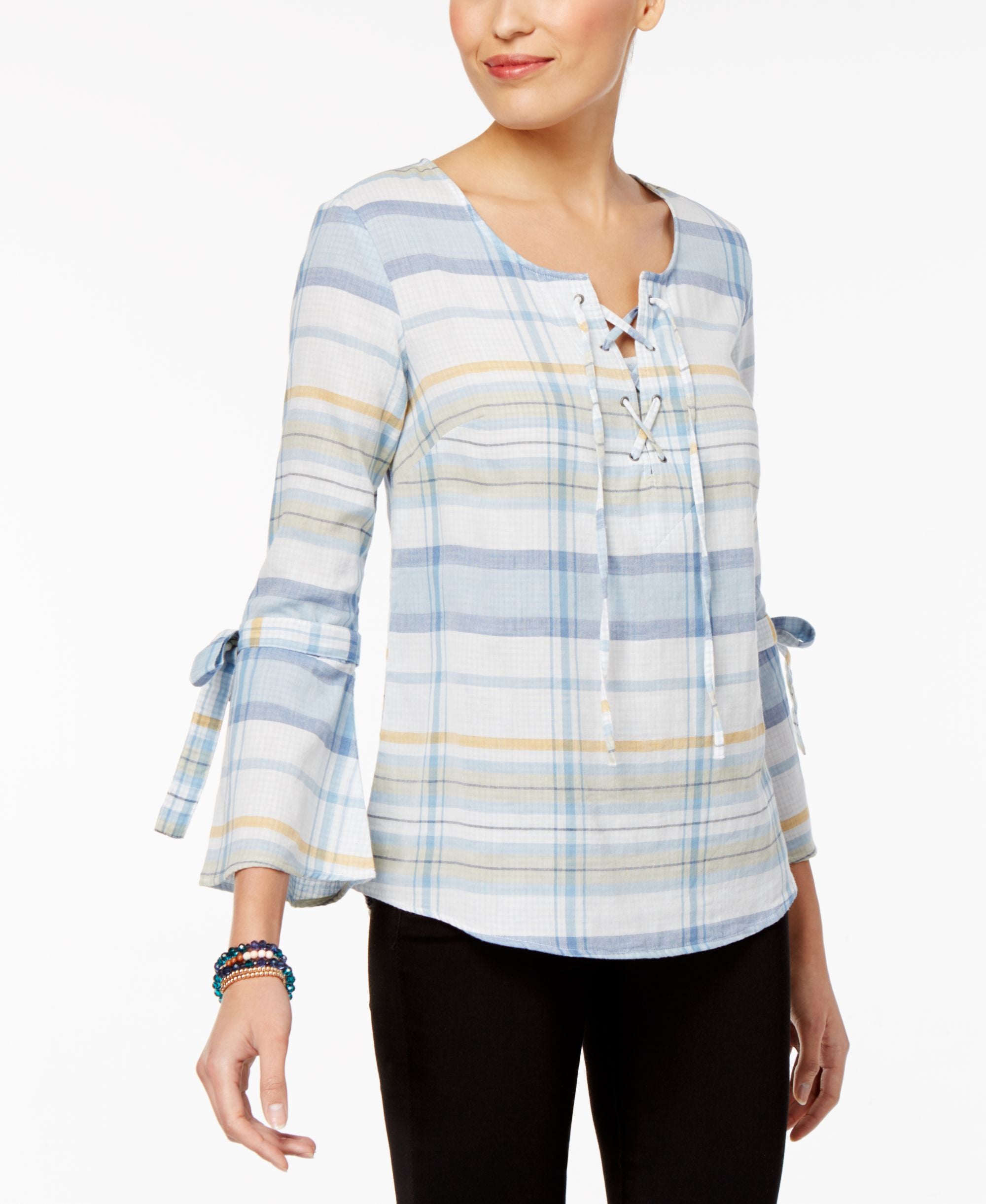 Style & Co Cotton Plaid Lace Up Top