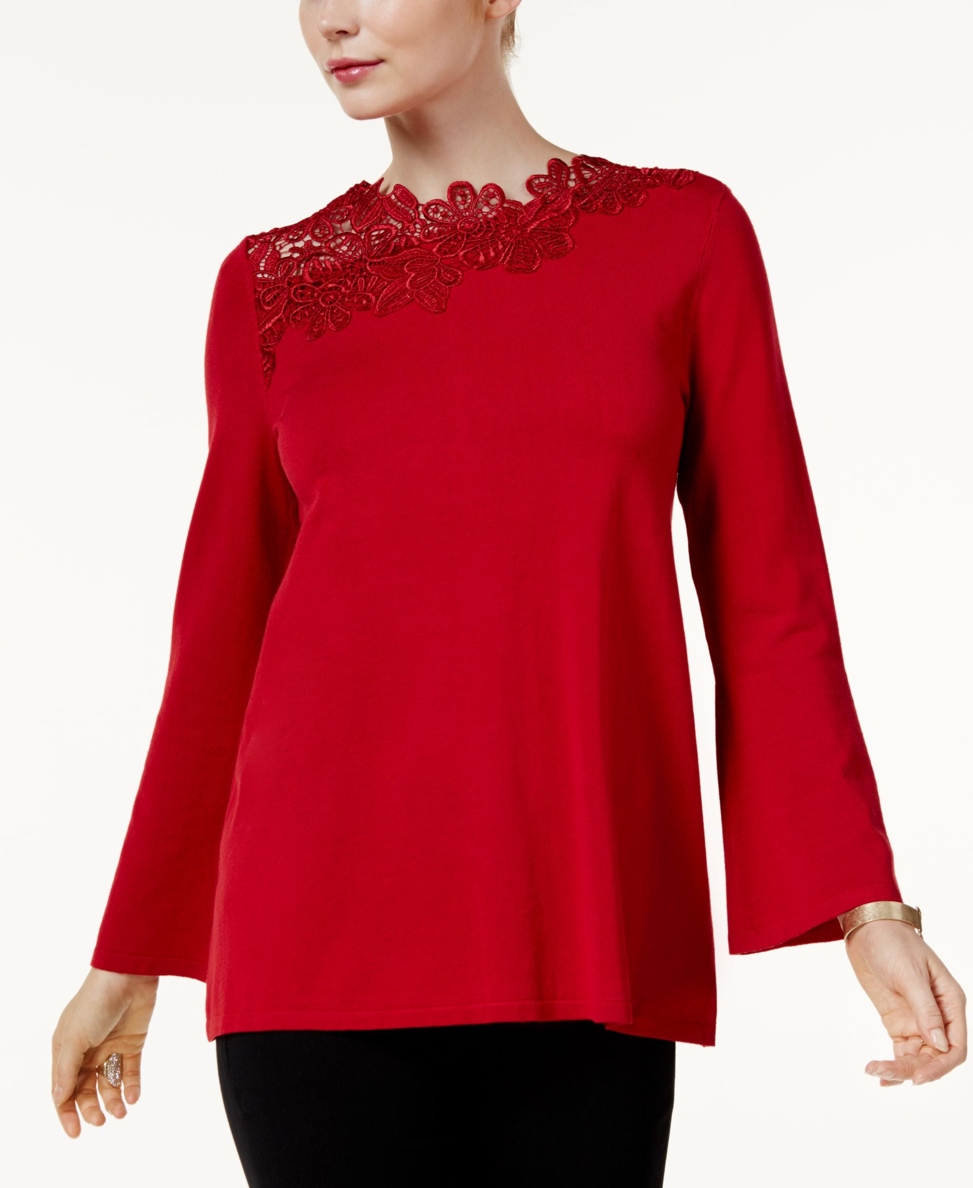 Alfani Petite Asymmetrical Lace Neck Sweater