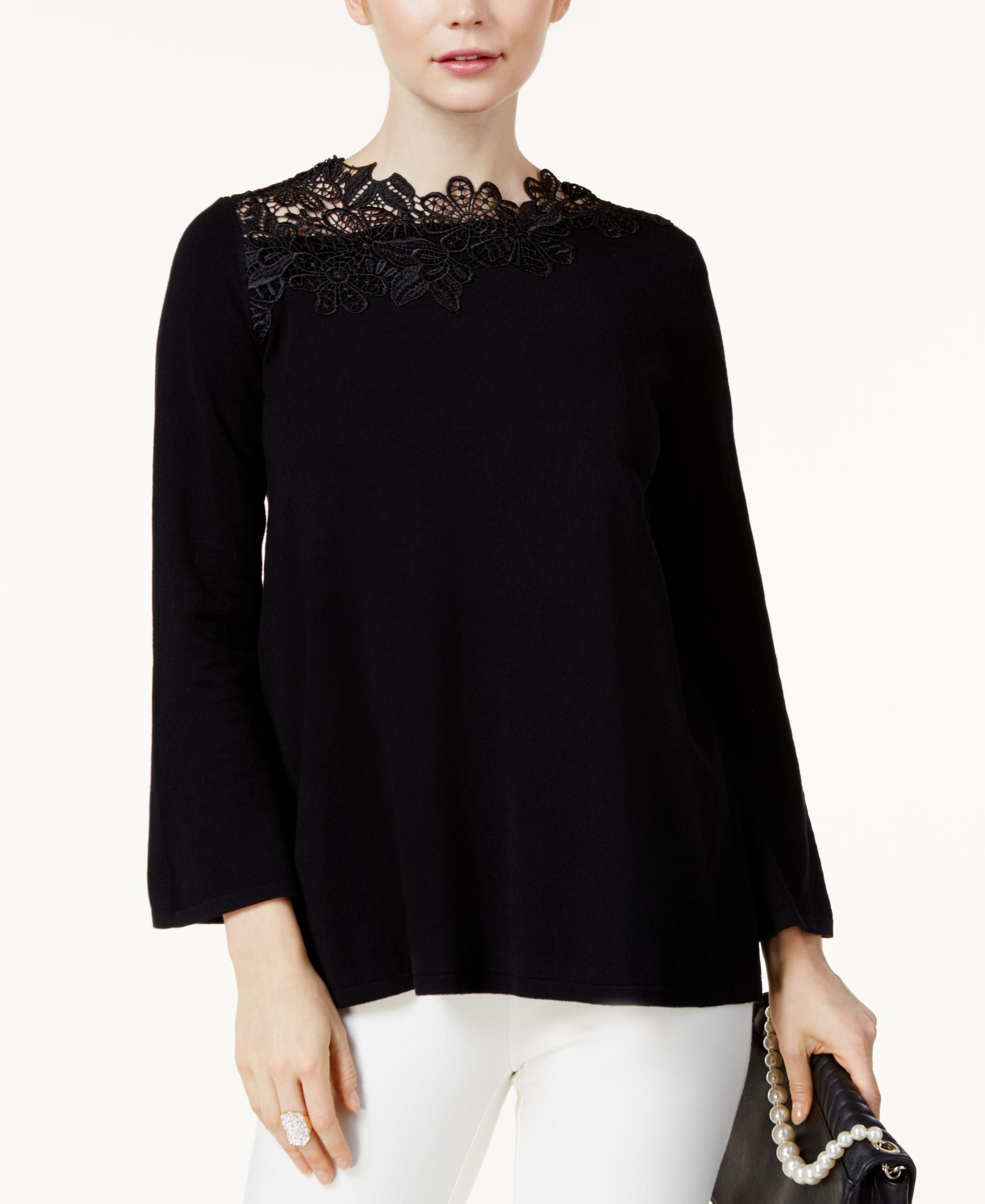 Alfani Petite Asymmetrical Lace Neck Sweater