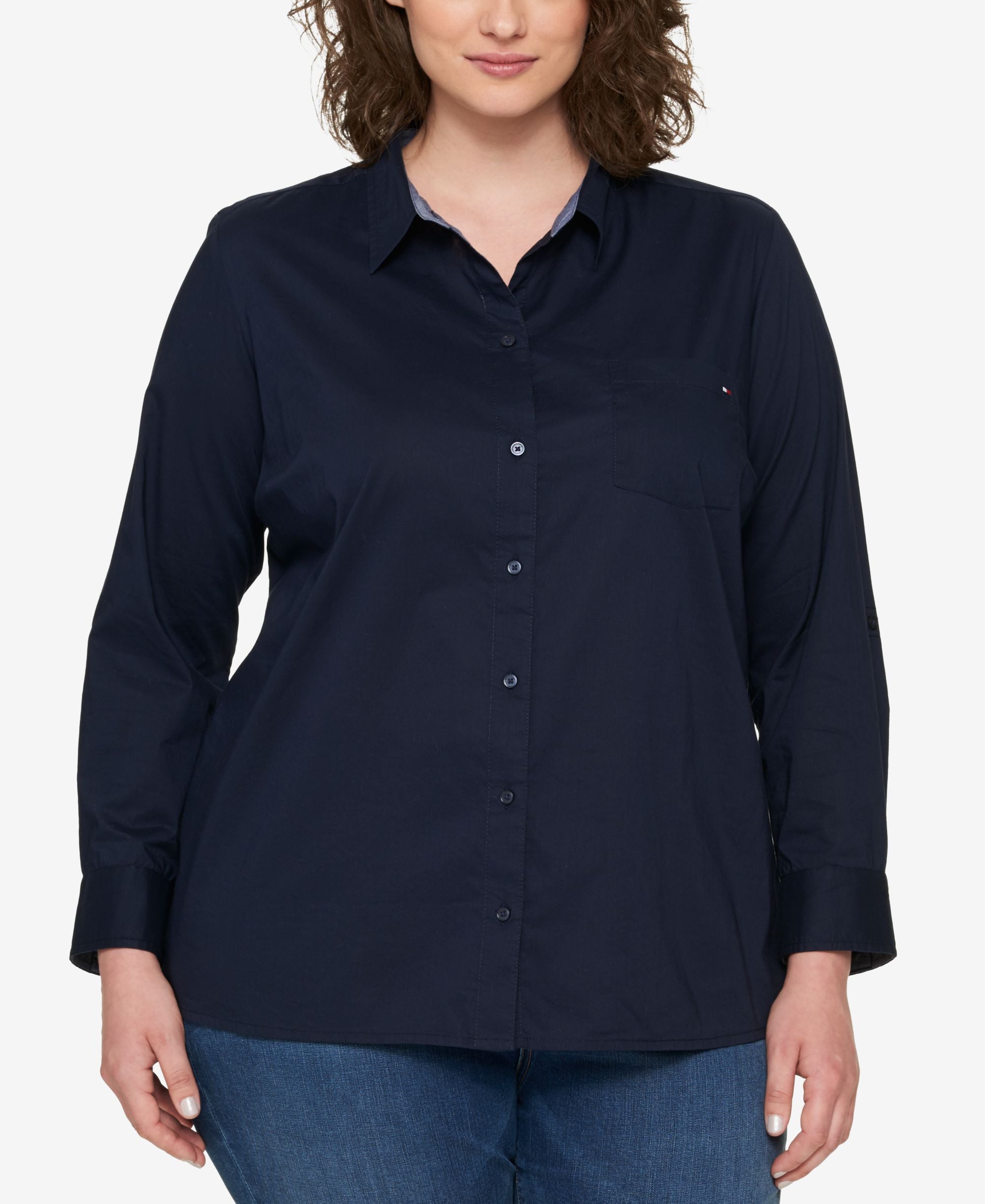 Plus Size Cotton Roll-Tab Shirt
