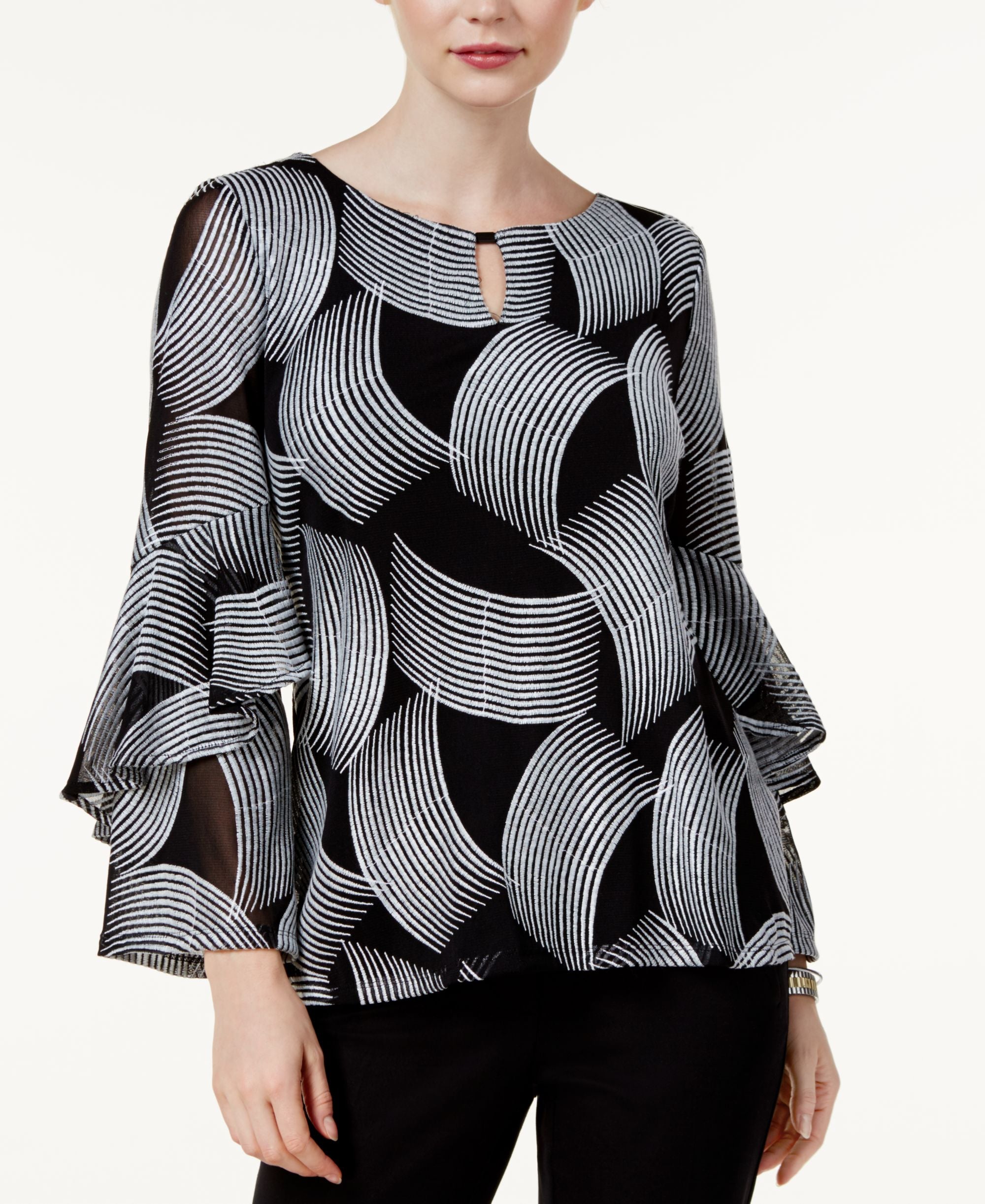 Alfani Petite Mesh Embroidered Ruffle Sleeve Top