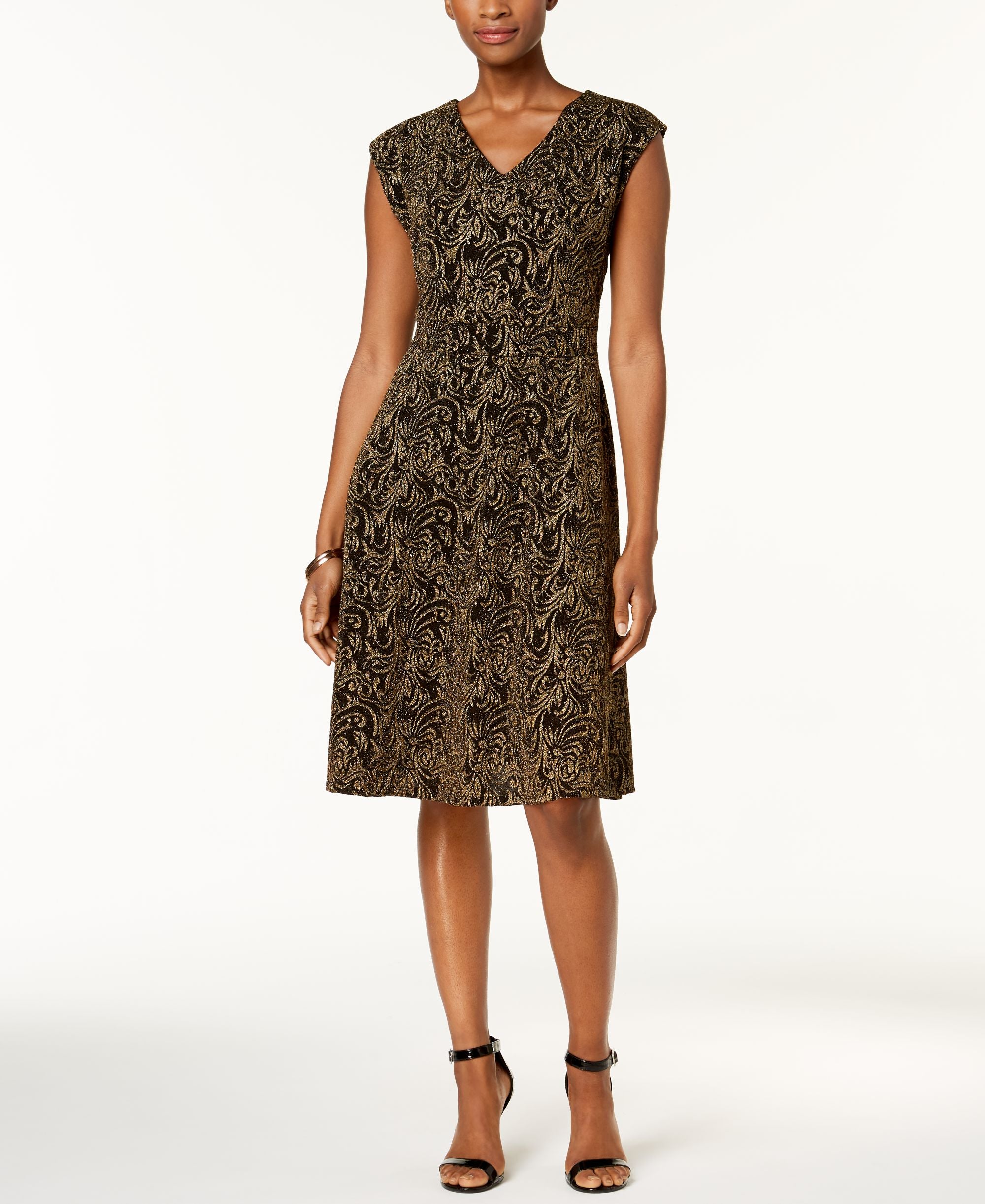 NY Collection Petite Metallic Printed Fit Flare Dress