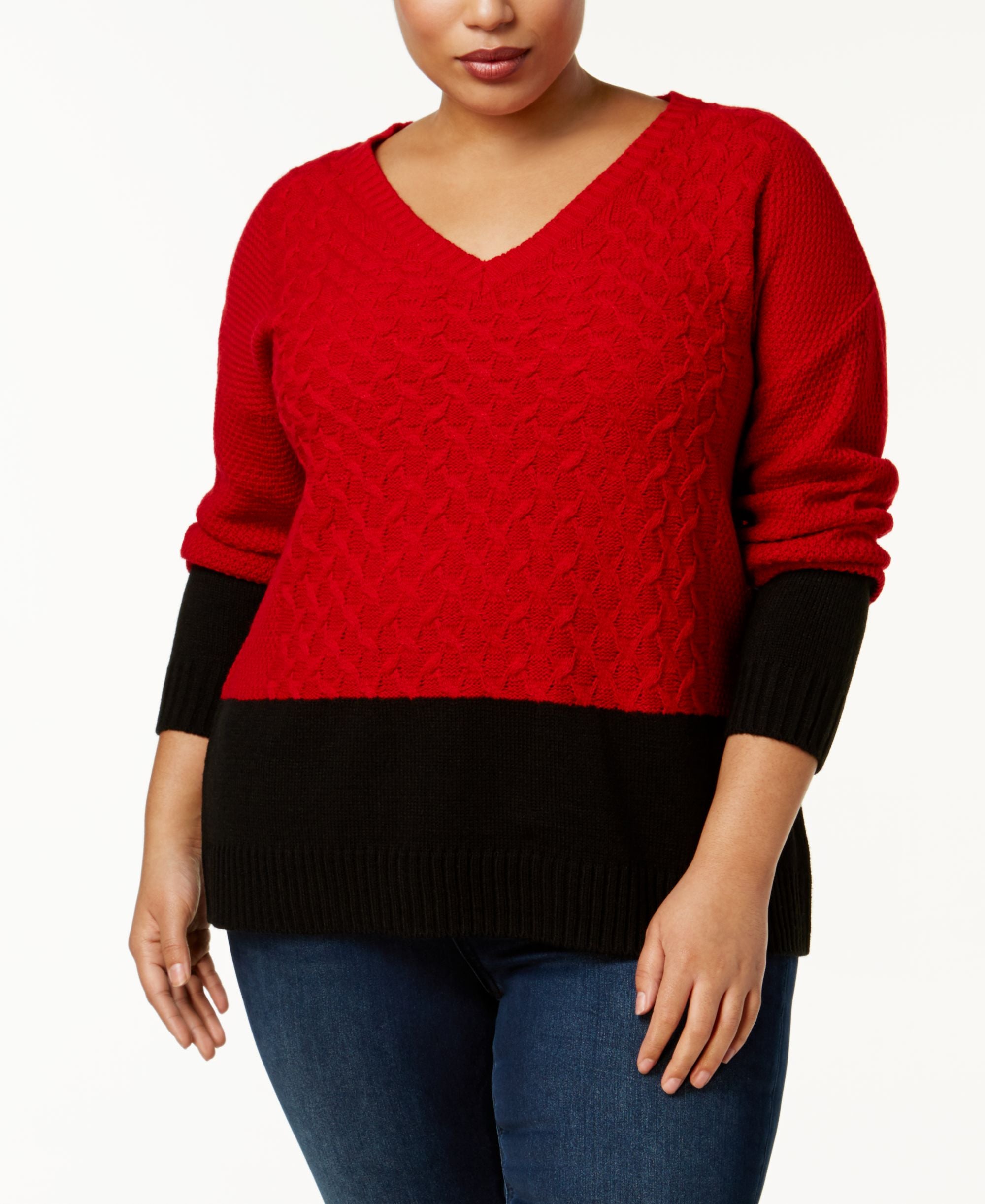 NY Collection Plus Size Colorblocked V Neck Sweater
