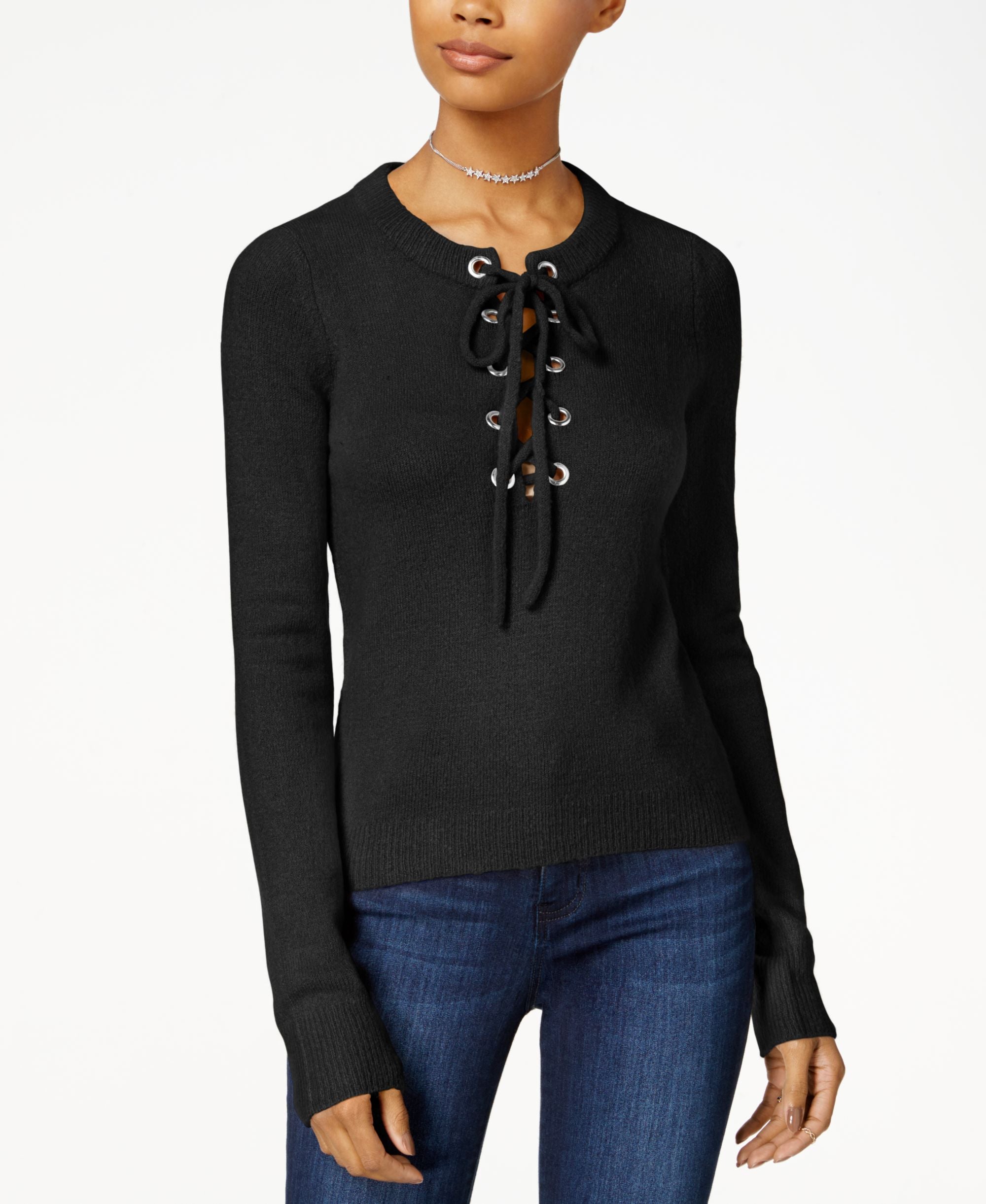 Juniors' Lace-Up Grommet Sweater