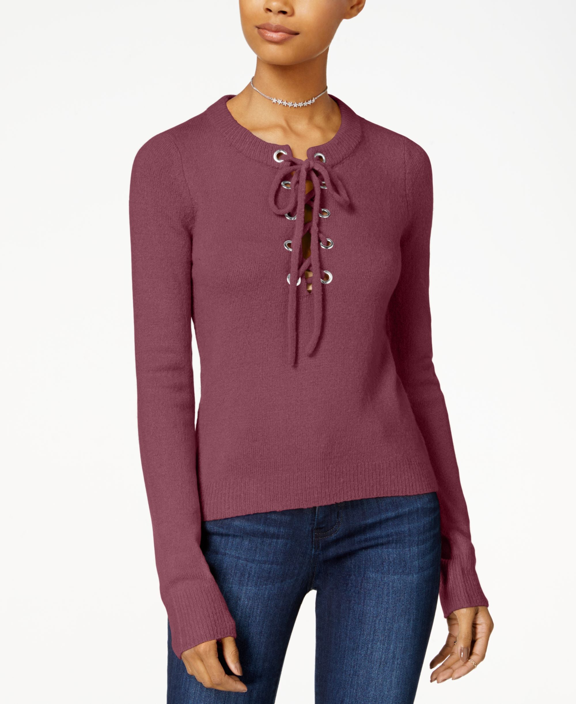 Juniors' Lace-Up Grommet Sweater