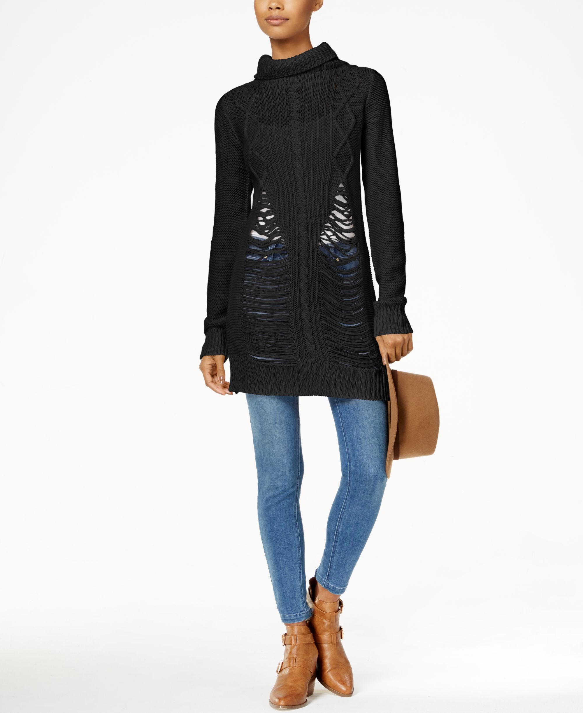 Juniors' Ripped Turtleneck Tunic Sweater