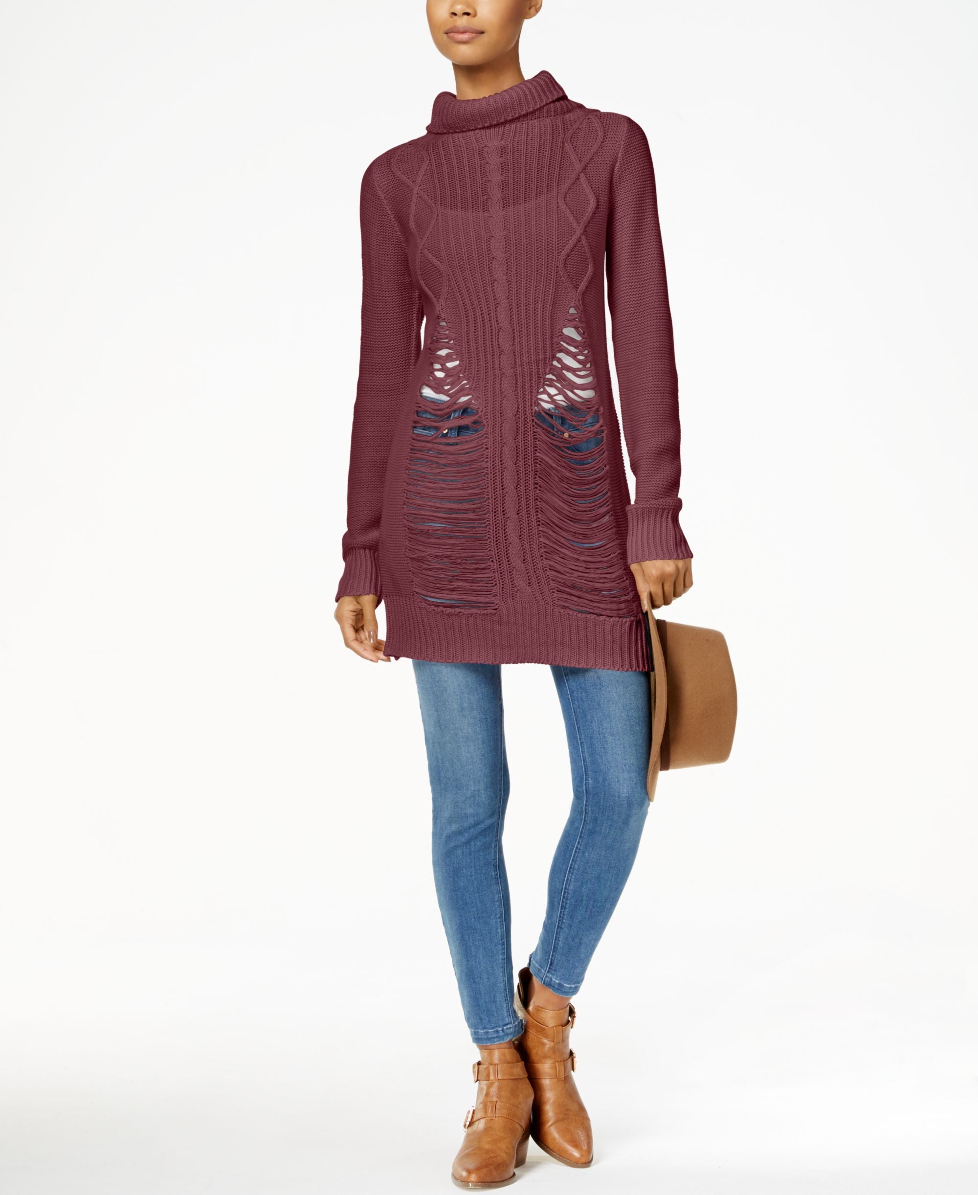 Juniors' Ripped Turtleneck Tunic Sweater