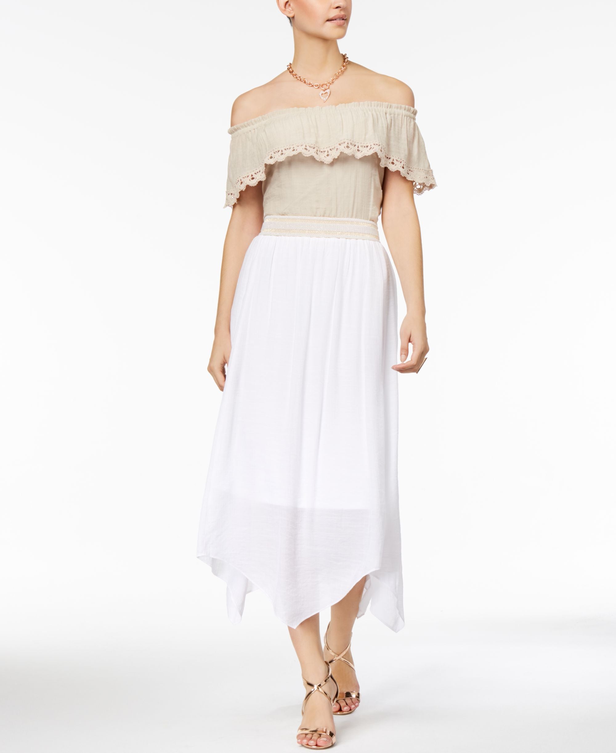 Thalia Sodi Off The Shoulder Tie Hem Gauze Top