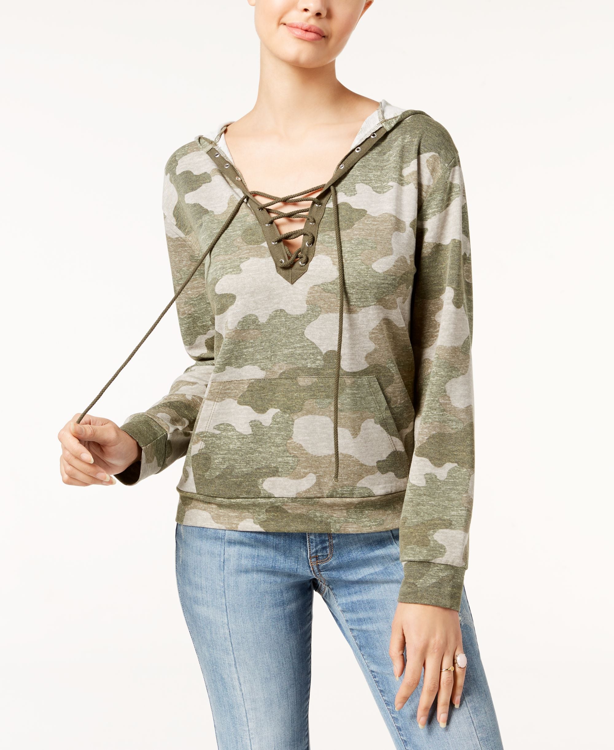 Juniors' Printed Lace-Up Hoodie