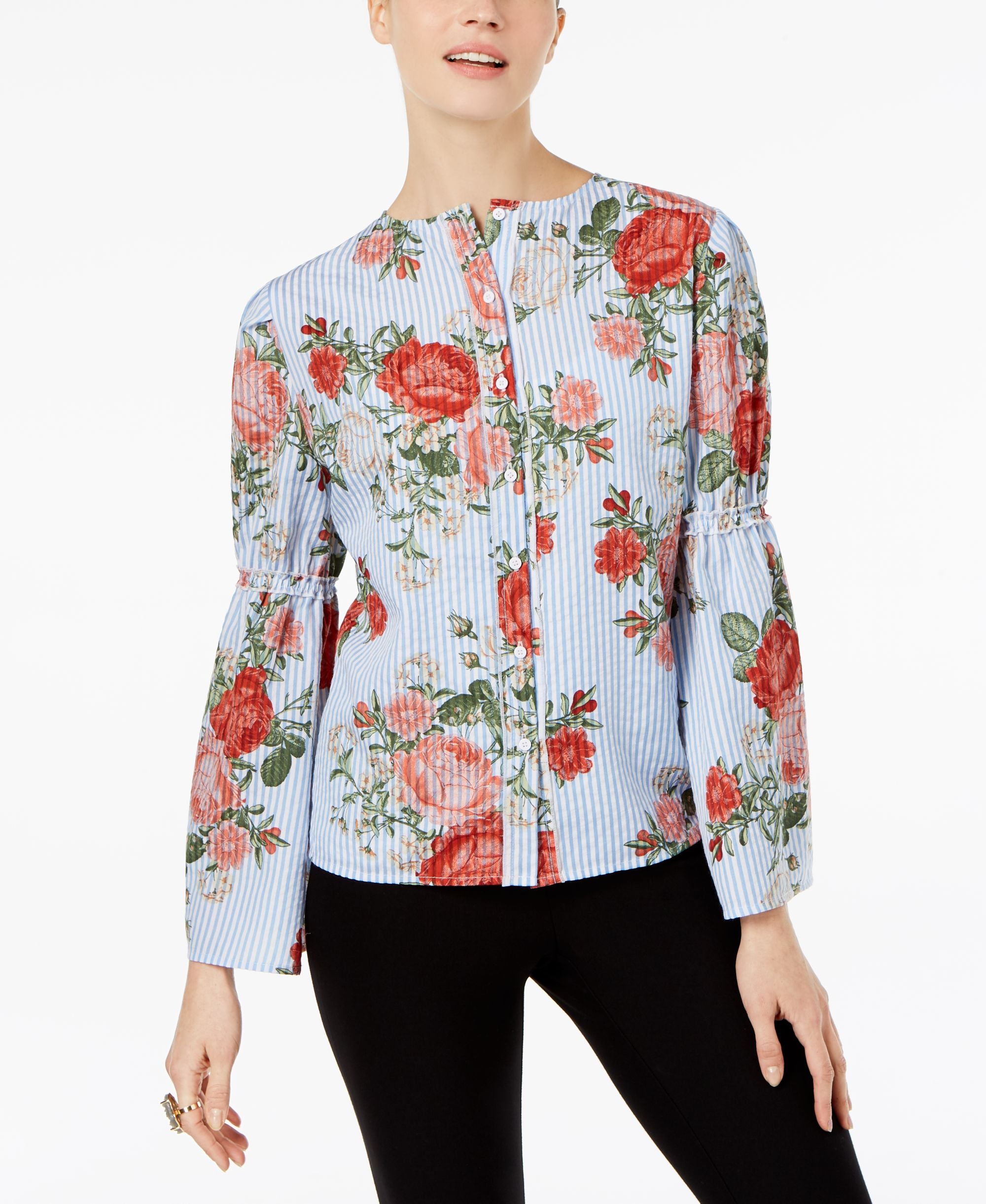 Cable Gauge Mixed Print Bell Sleeve Blouse