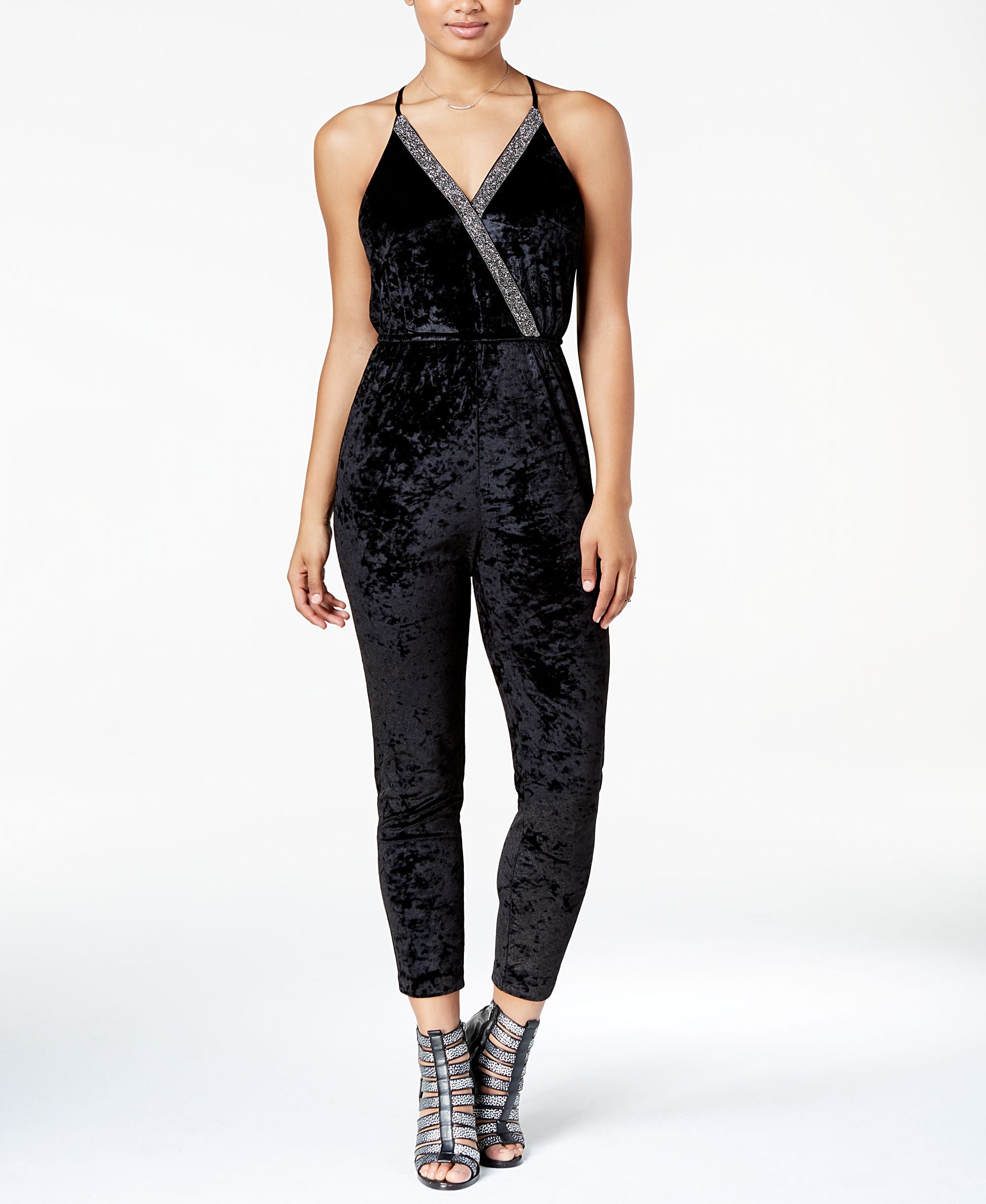 XOXO Juniors Crushed Velvet Embellished Jumpsuit