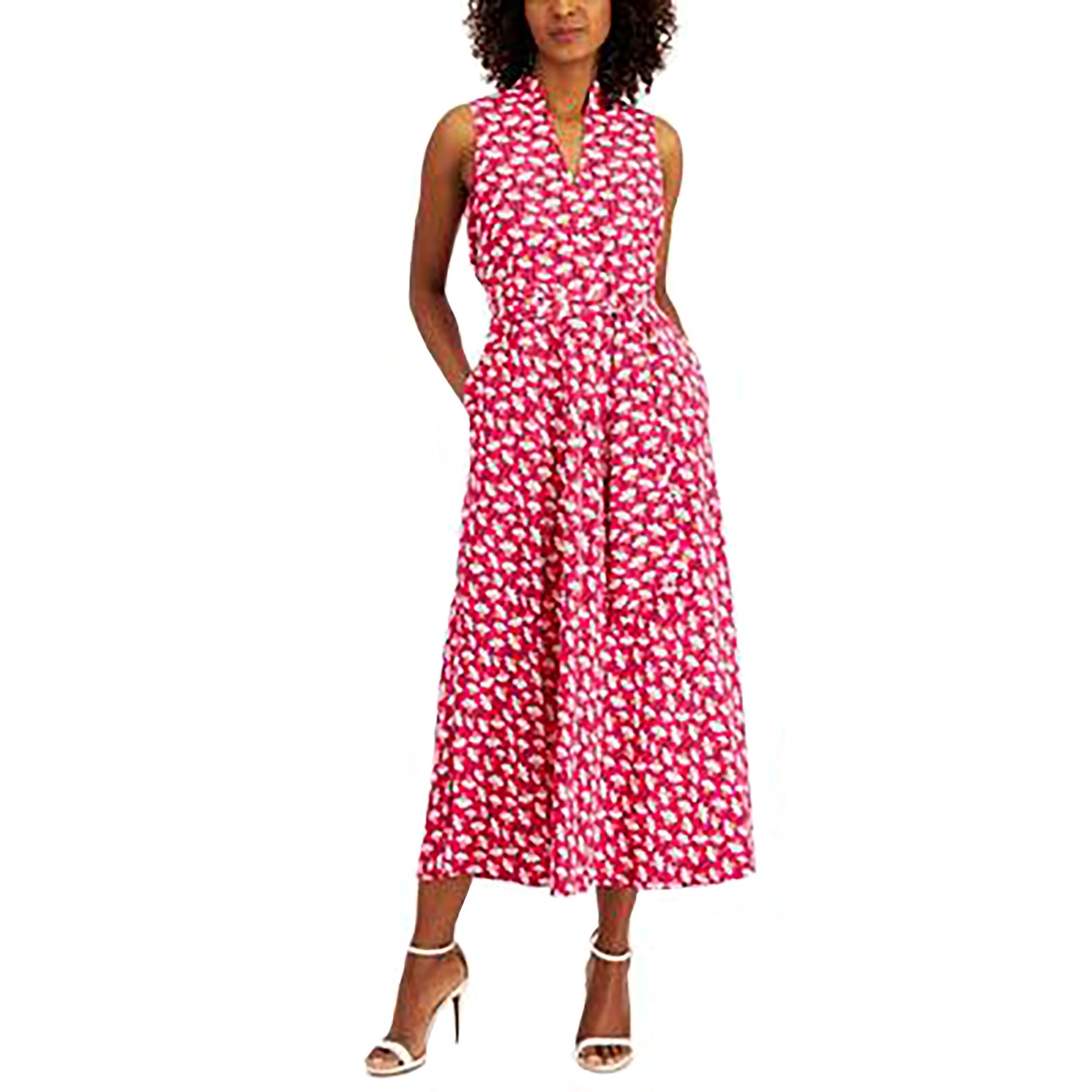 Anne Klein Women's Printed Belt-Tie MIDI Dress Pink Pansy Combo XS