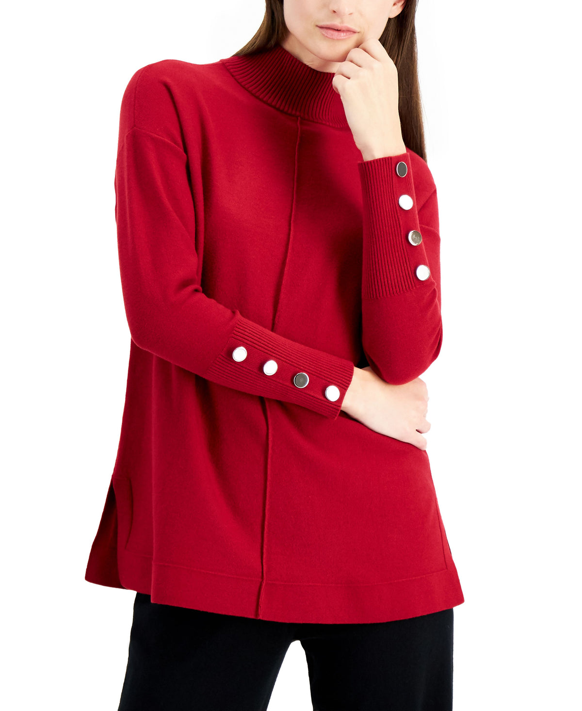 Petite Button-Trim Mock-Neck Sweater