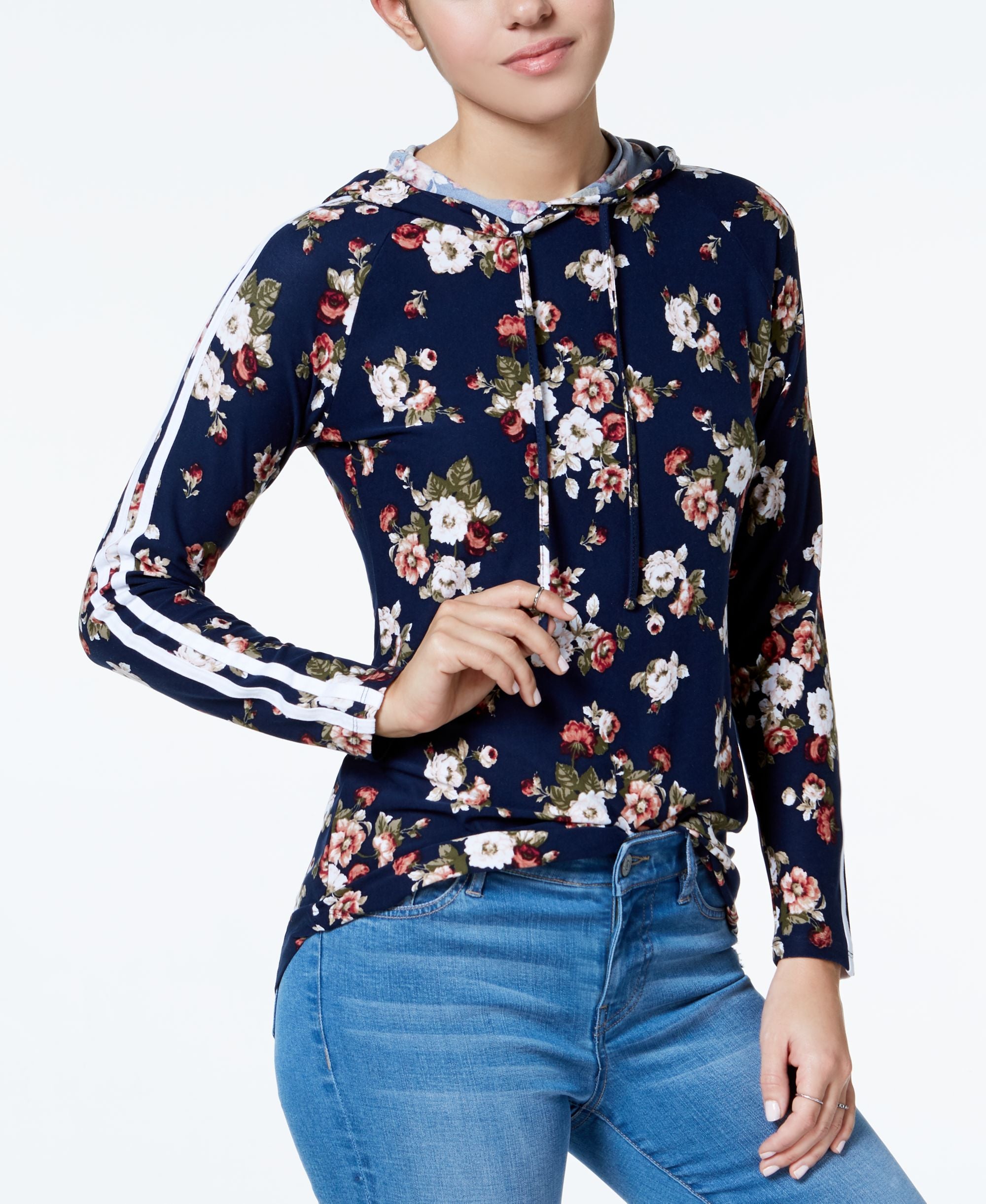 Ultra Flirt Juniors Floral Print Striped Trim Hoodie