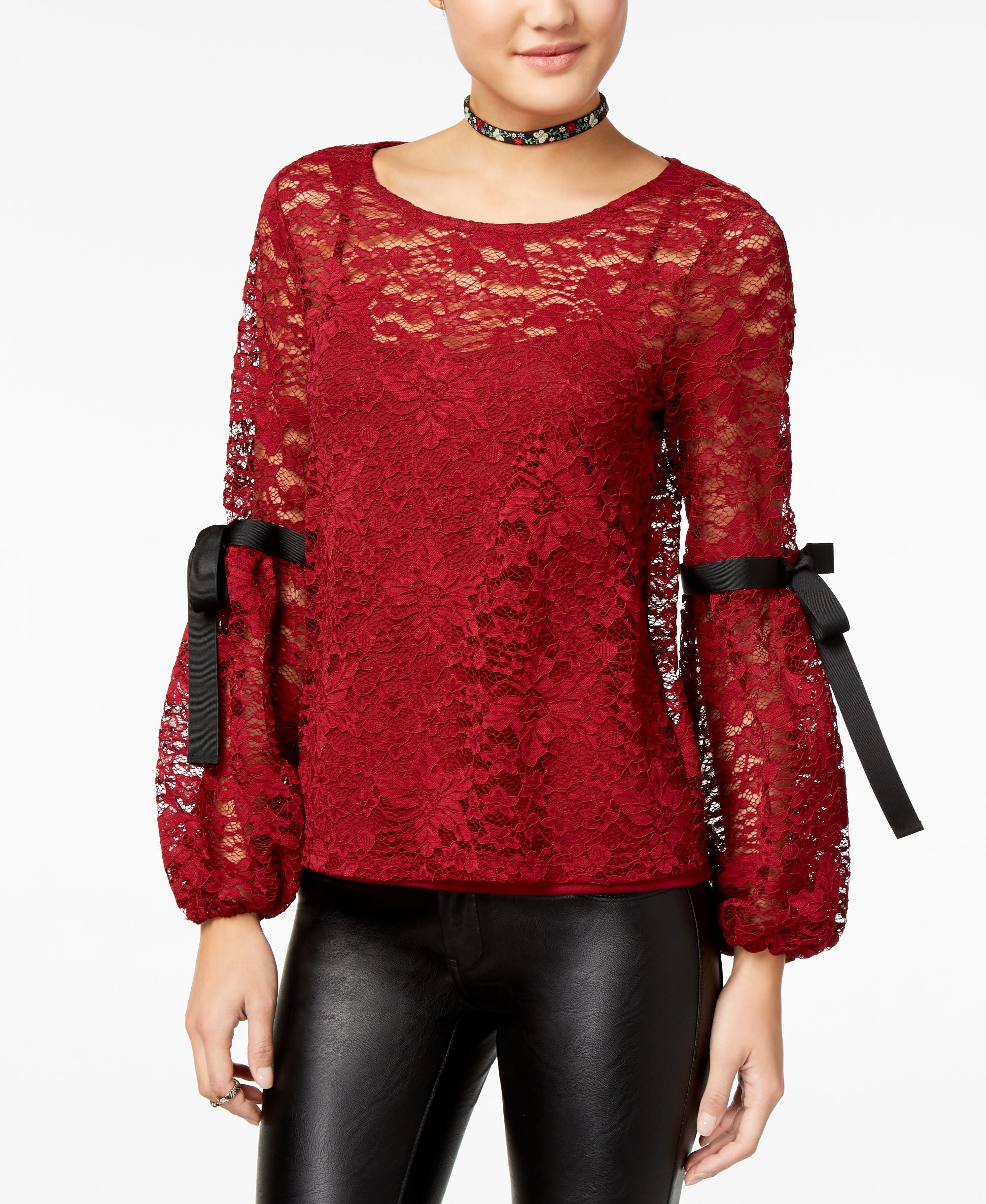 Lily Black Juniors Tie Sleeve Lace Top