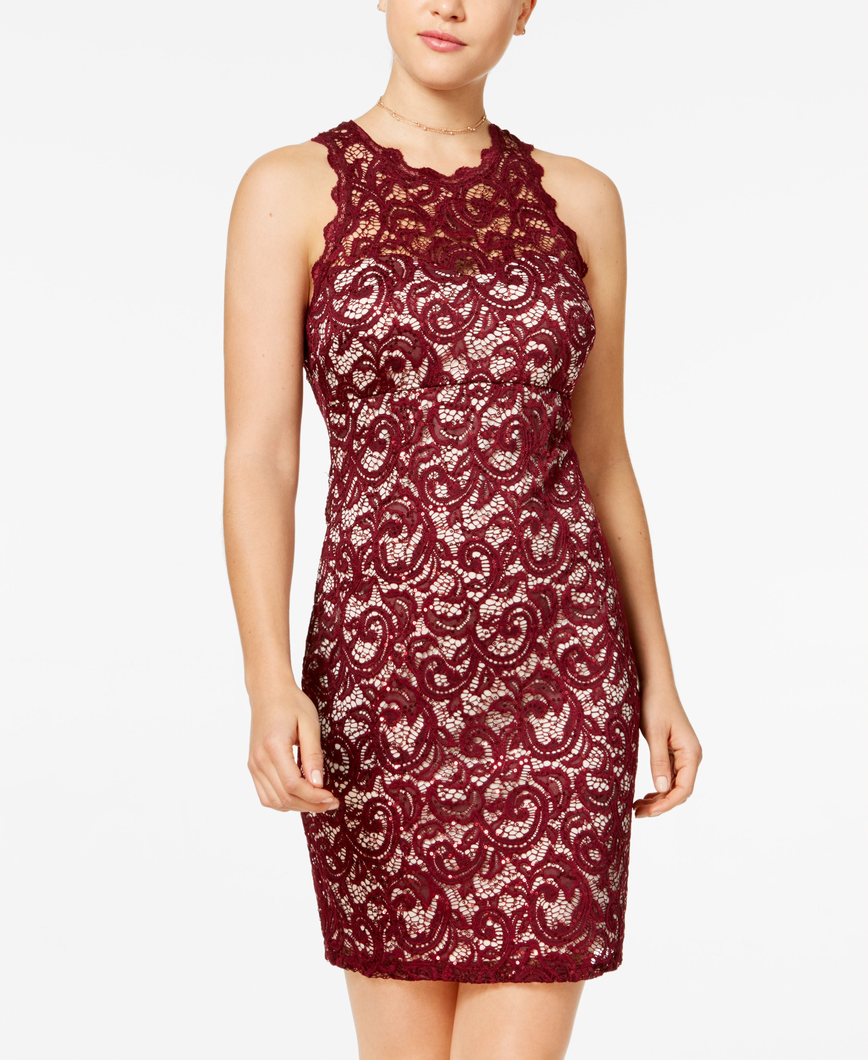 Sequin Hearts Juniors' Sequined Lace Bodycon Dress Malbec/Nude 1