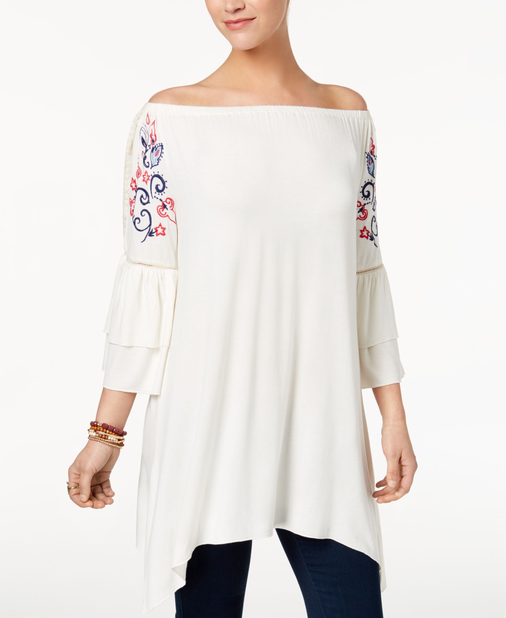 NY Collection Embroidered Lace Trim Ruffle Sleeve Top