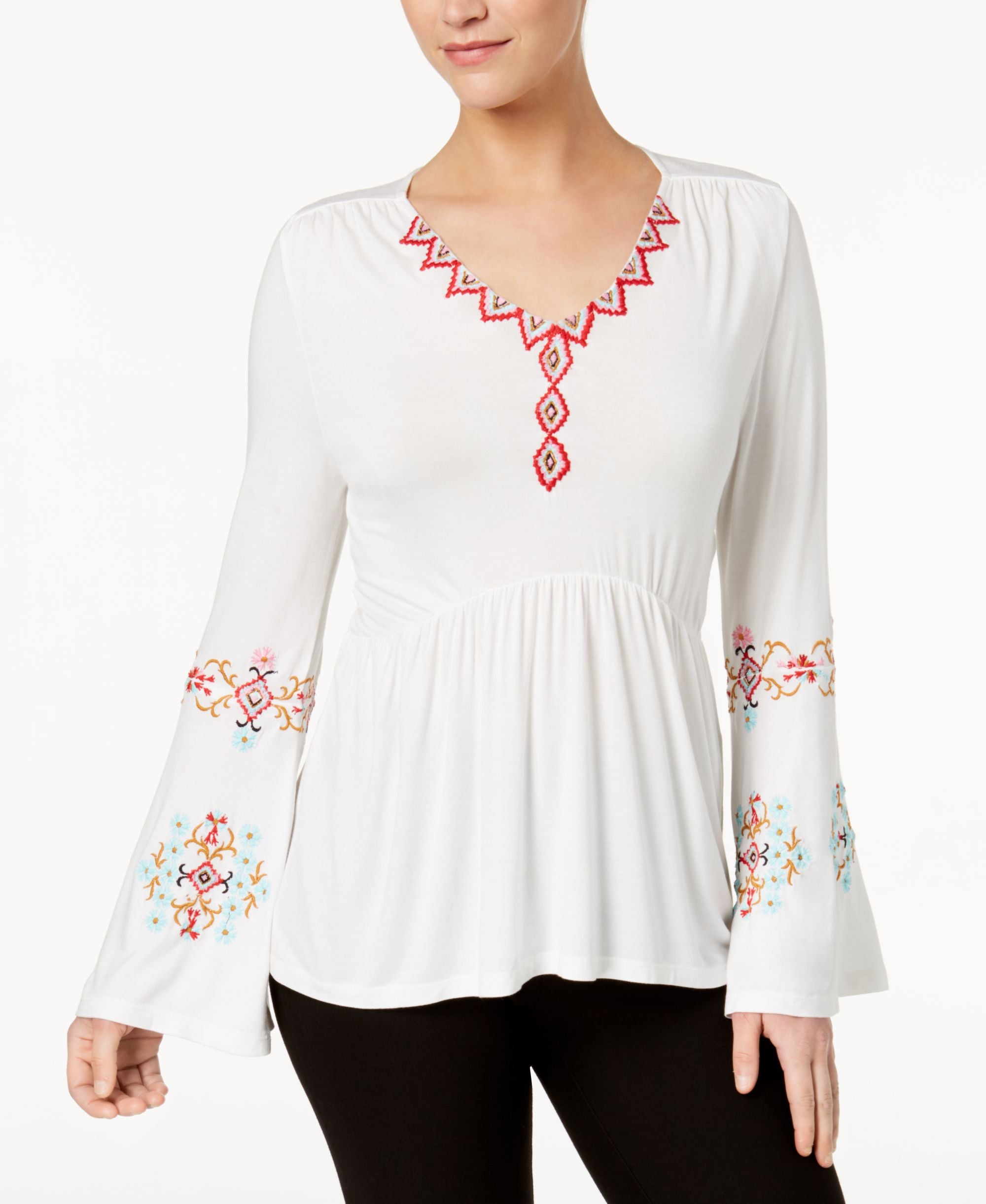 NY Collection Embroidered Flare Sleeved High Low Top