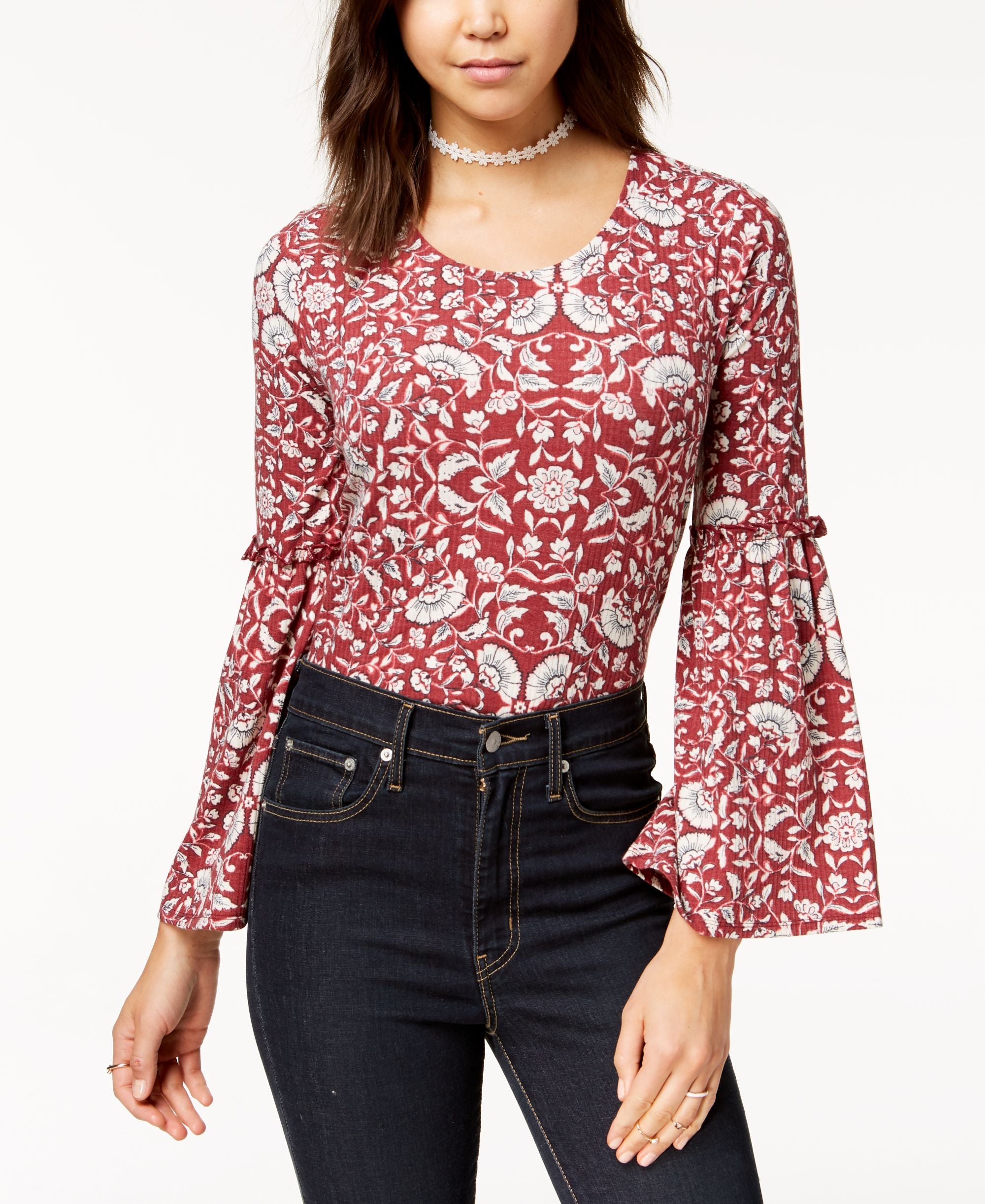 Love Fire Juniors Printed Bell Sleeve Rib Knit Top
