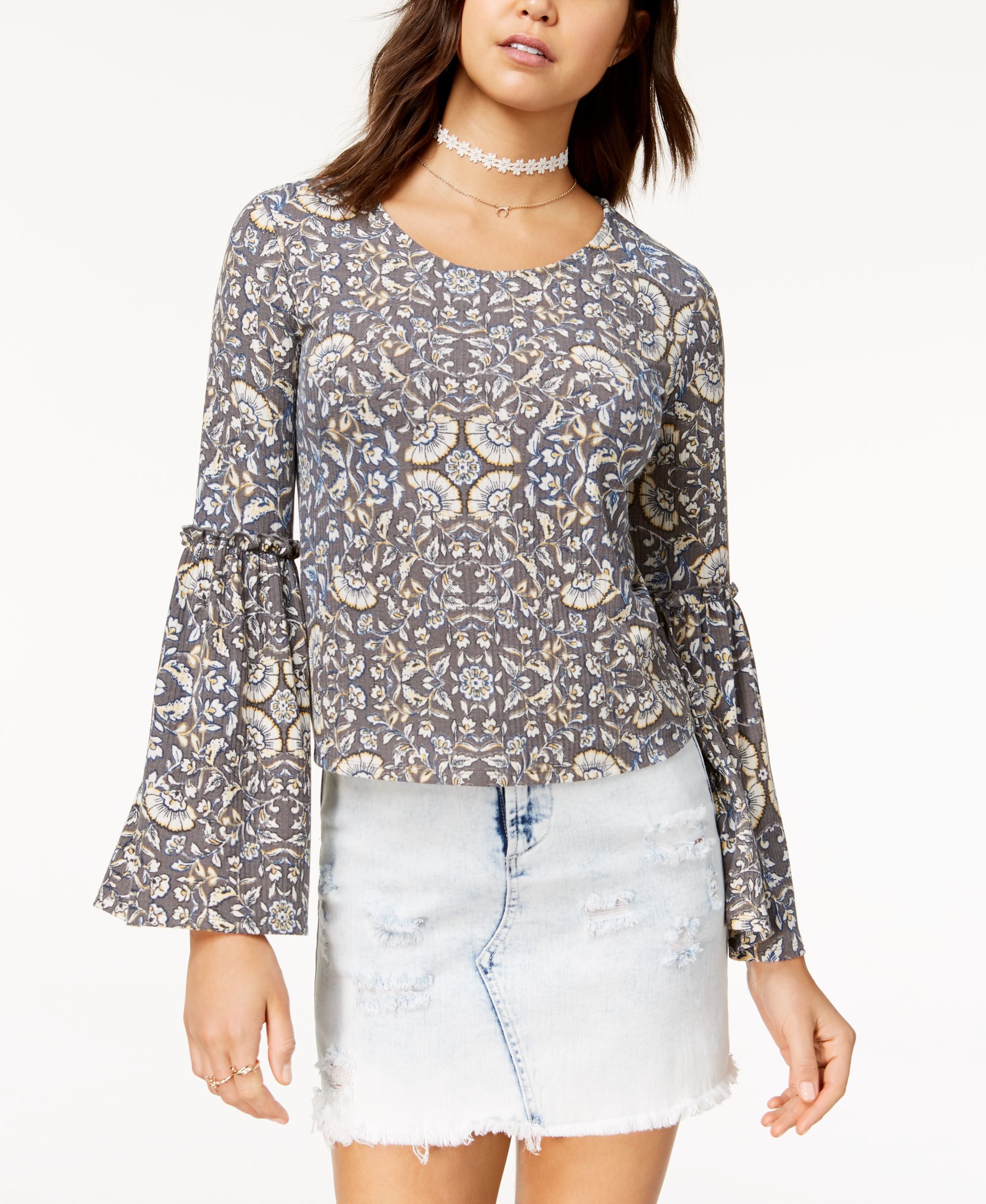 Love Fire Juniors Printed Bell Sleeve Rib Knit Top