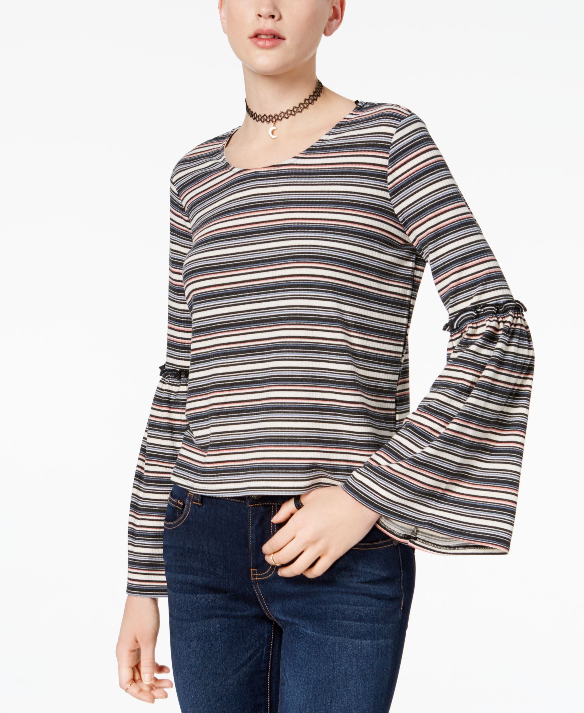 Love Fire Juniors Striped Rib Knit Bell Sleeve Top