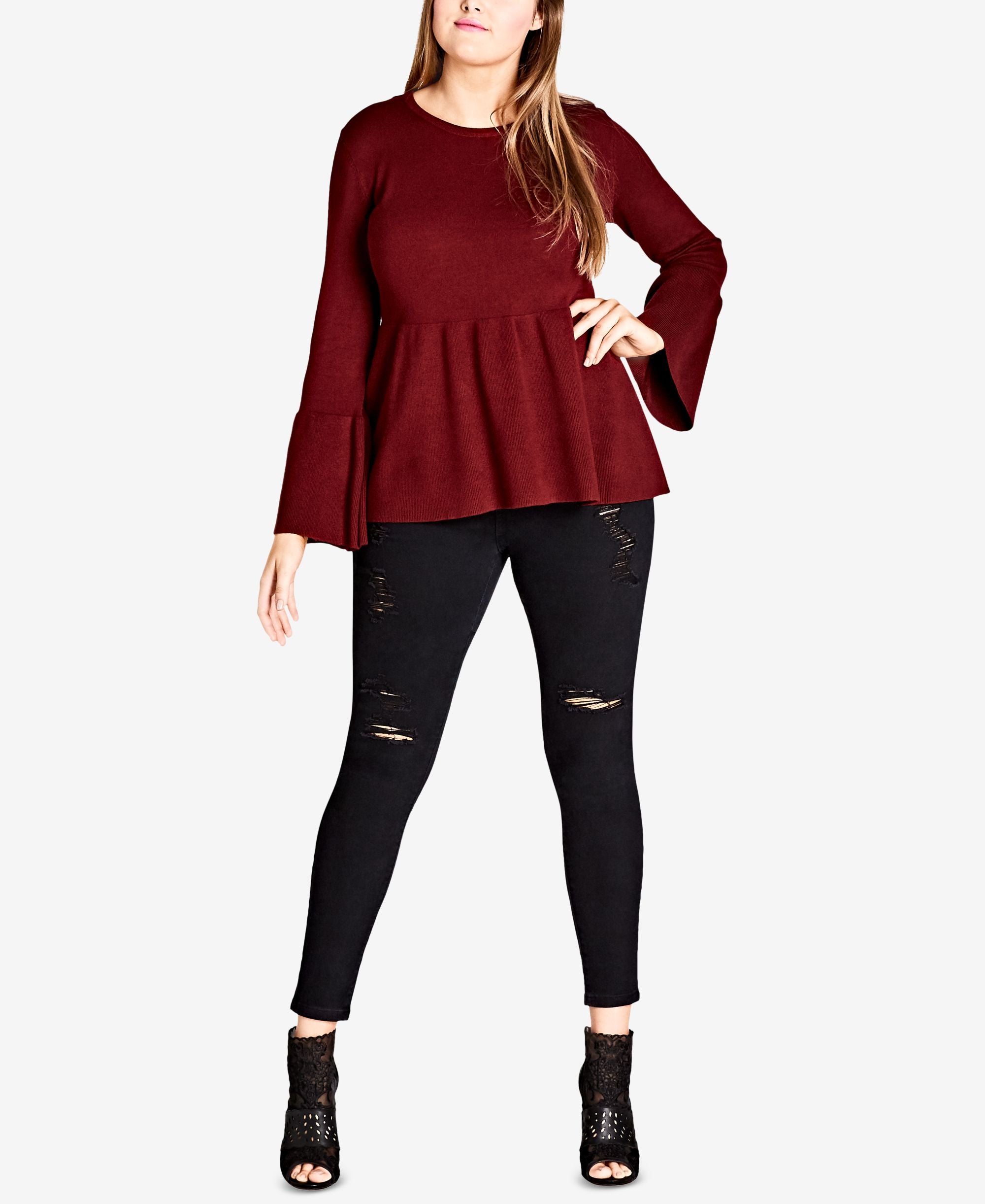 City Chic Trendy Plus Size Bell Sleeve Peplum Sweater