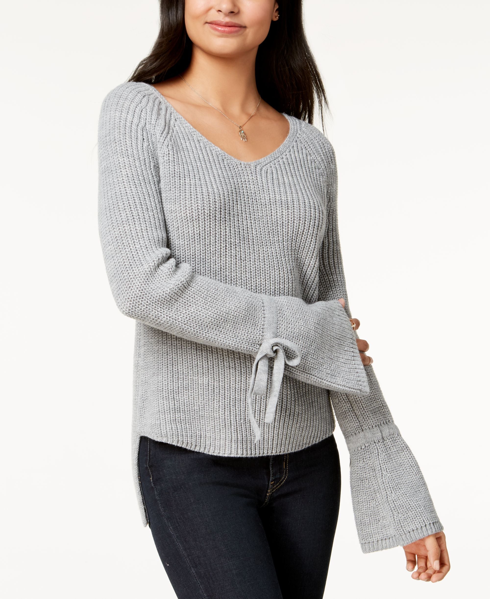 Juniors' Tie-Trim Bell-Sleeved High-Low Sweater