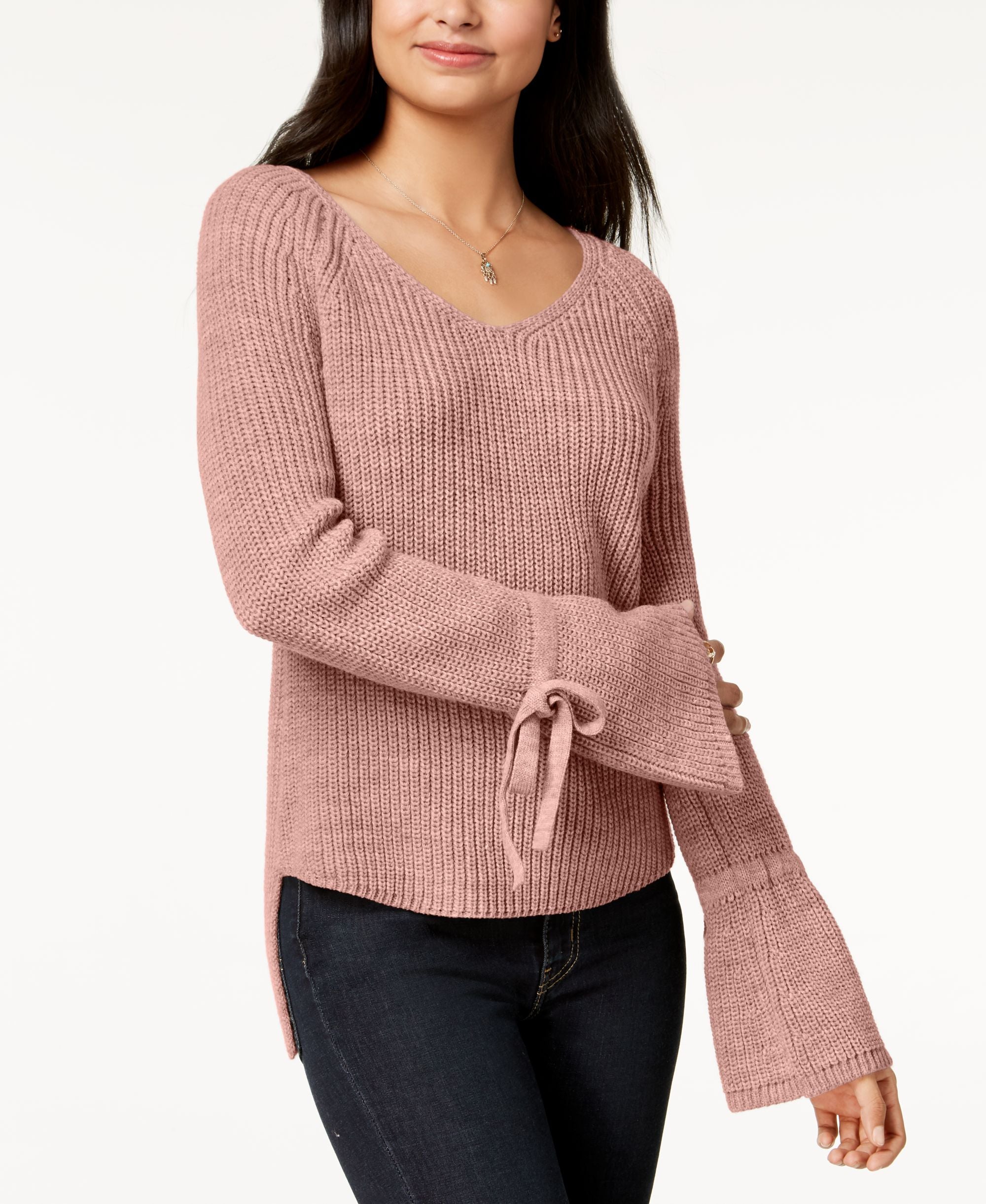 Juniors' Tie-Trim Bell-Sleeved High-Low Sweater