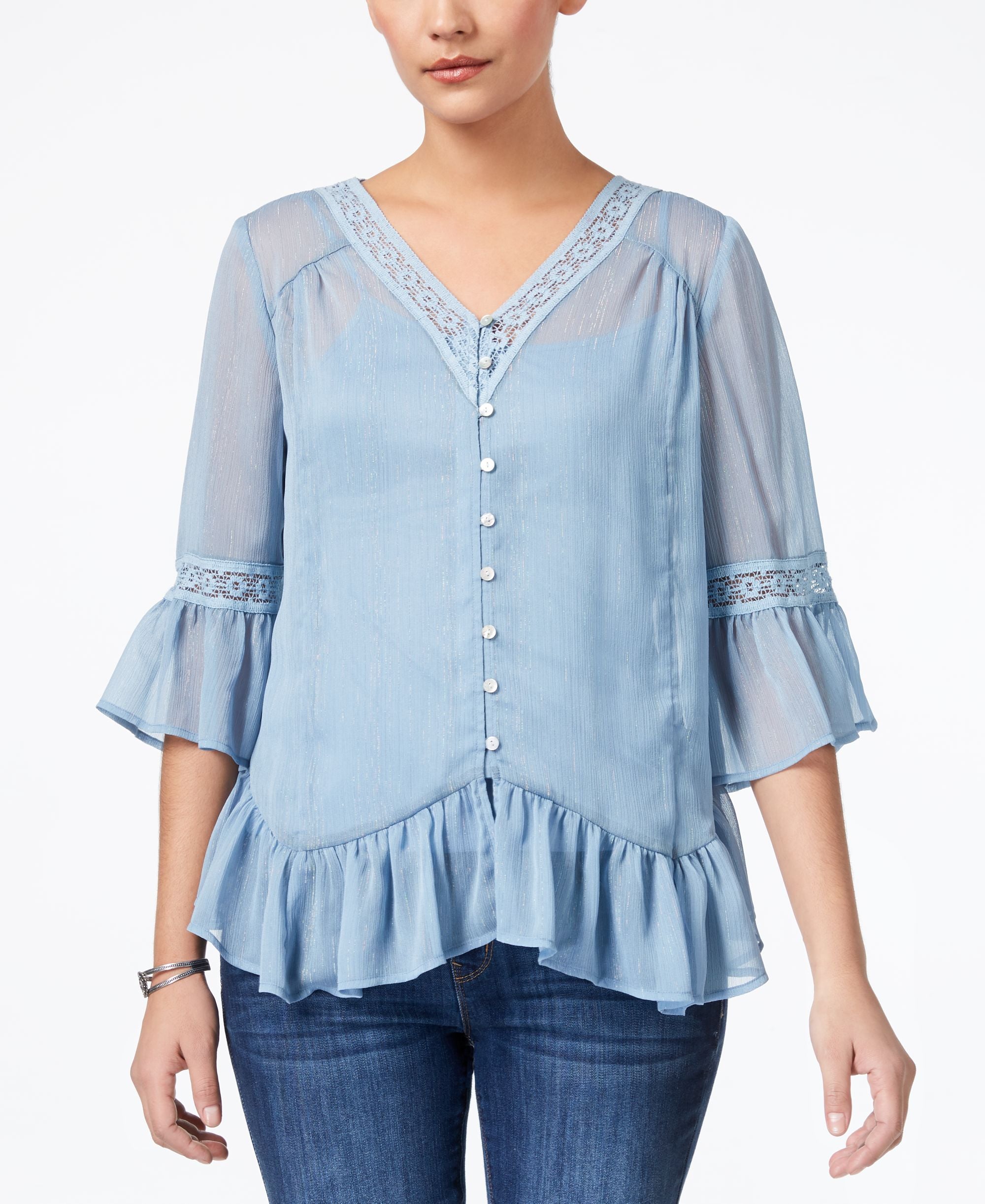 Style & Co Petite Crochet Trim Ruffled Blouse