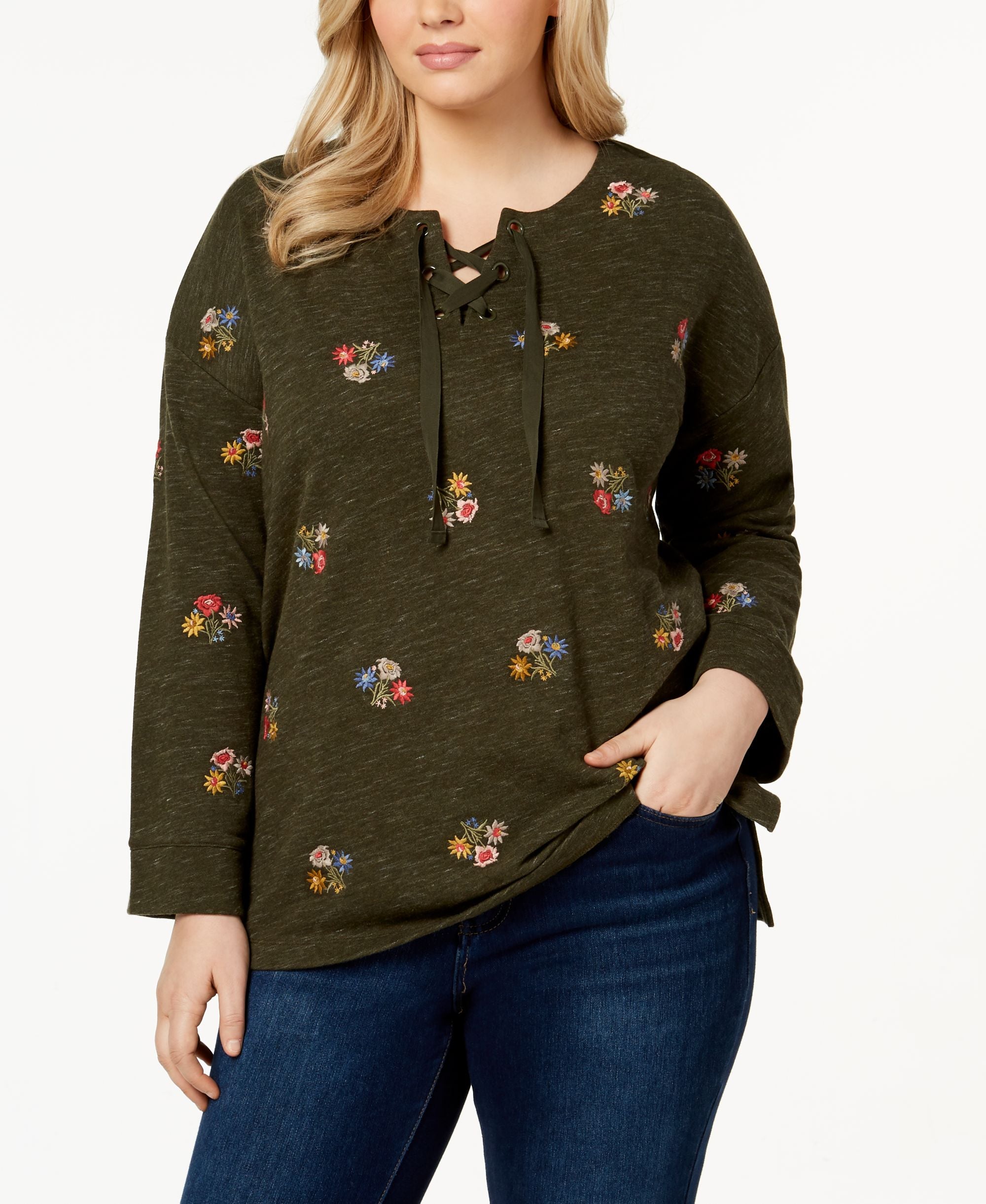 Style & Co Plus Size Embroidered Lace Up Top