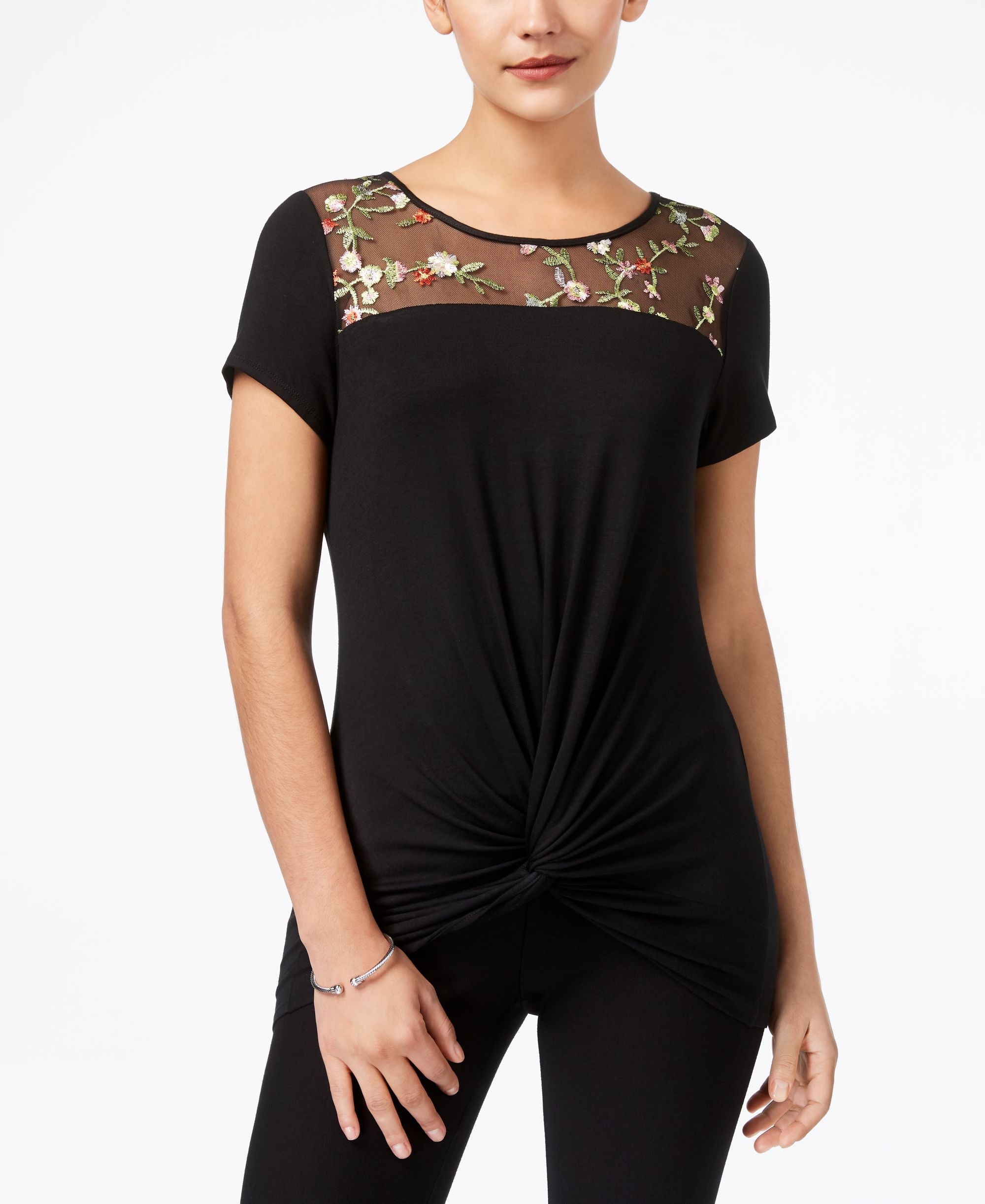 NY Collection Twist Front Illusion Contrast Top