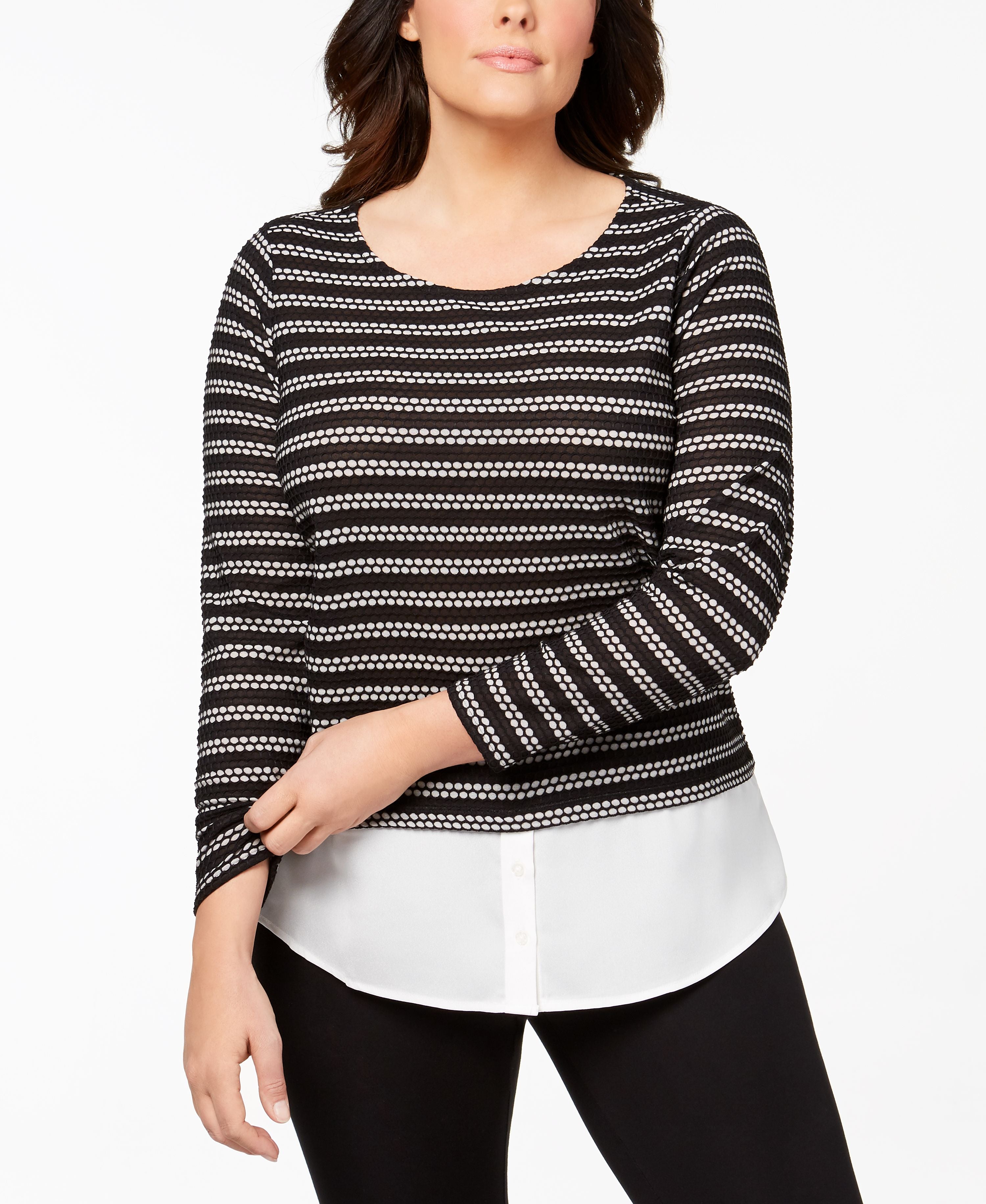 Calvin Klein Womens Plus Layered-Look Waffle Knit Knit Top Black/White 3X
