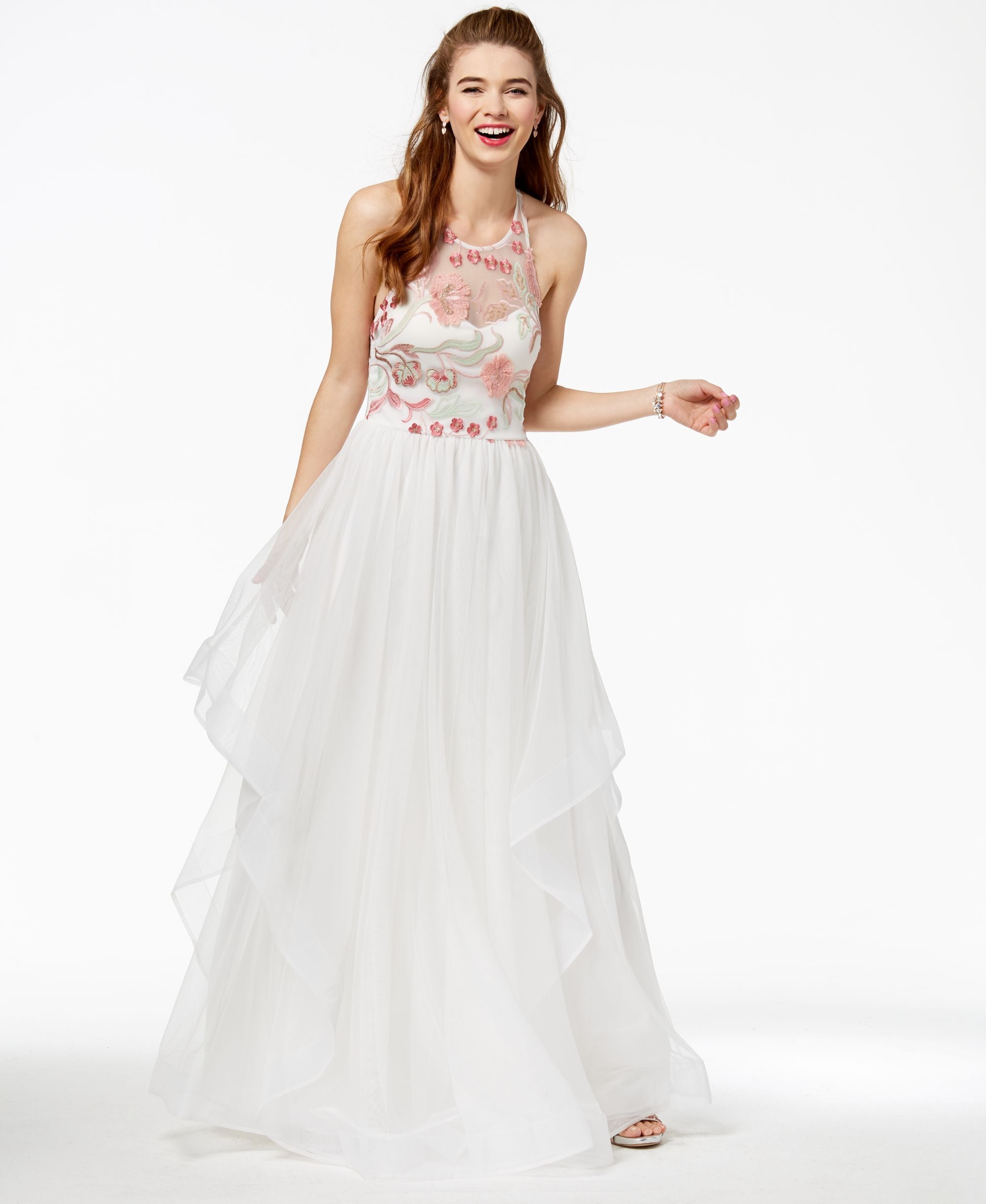 Sequin Hearts Juniors Embroidered Mesh Halter Gown