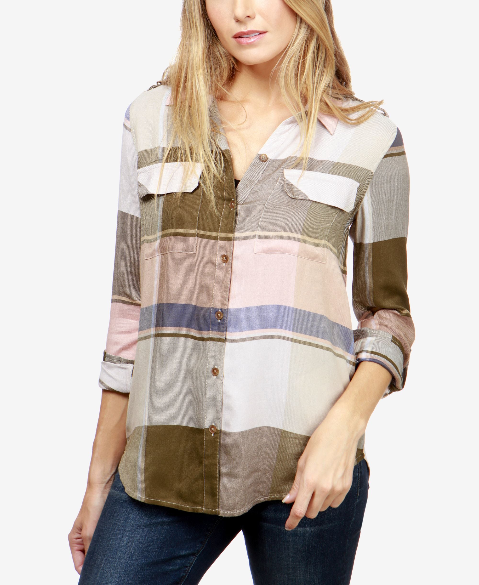 Lucky Brand Plaid Roll Tab Sleeve Shirt