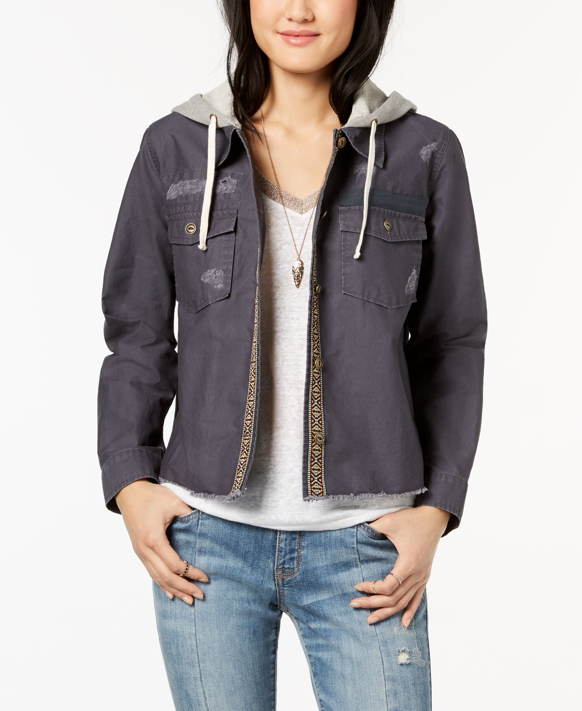 Hippie Rose Juniors Cotton Layered Look Embroidered Hoodie Jacket